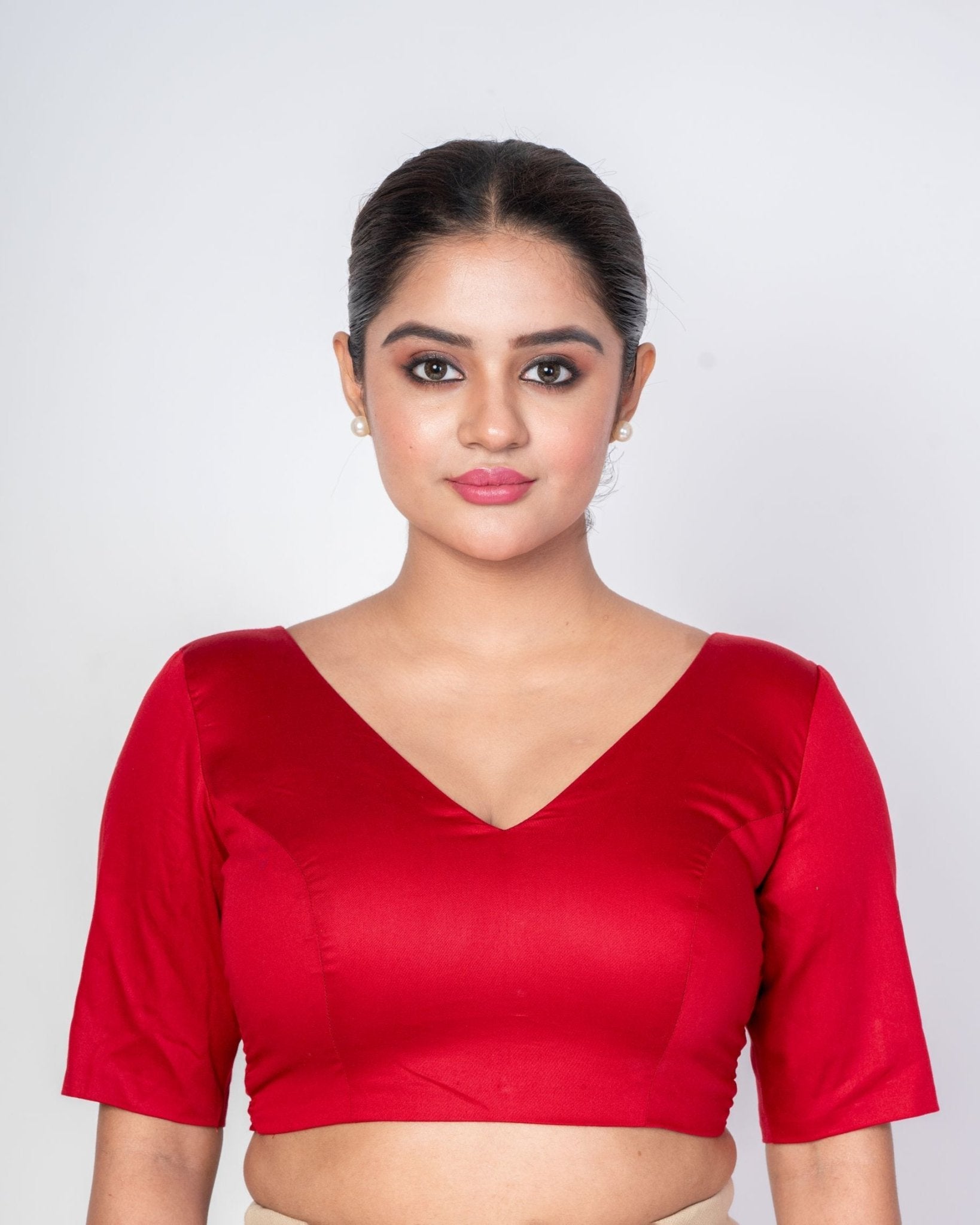 Red Deep V Neck Blouse with Elbow Sleeves & Back Hook Closer - Anvi Couture