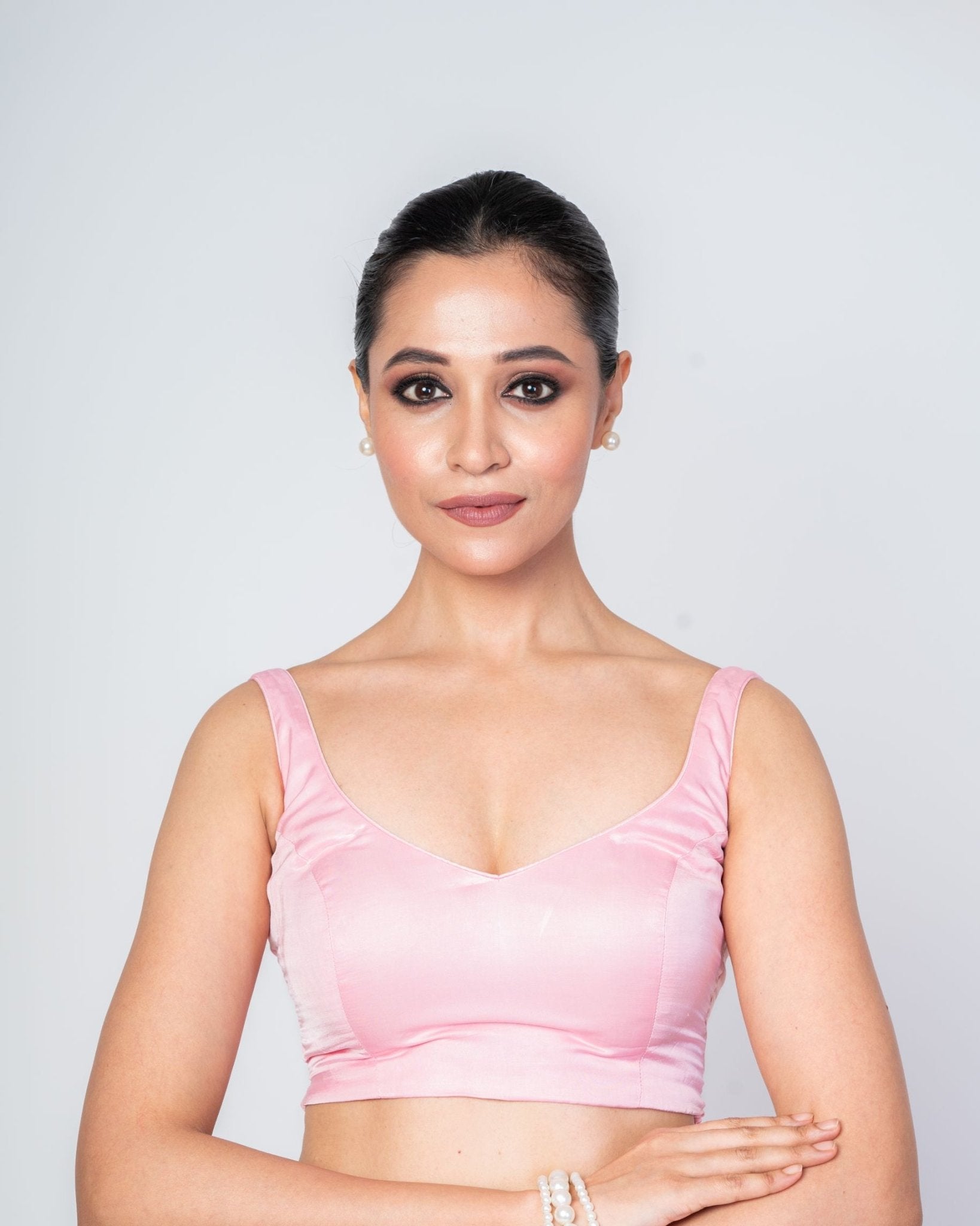 Light Pink V - Neck Cotton Silk Blouse with Stylish Back Cutout - Anvi Couture