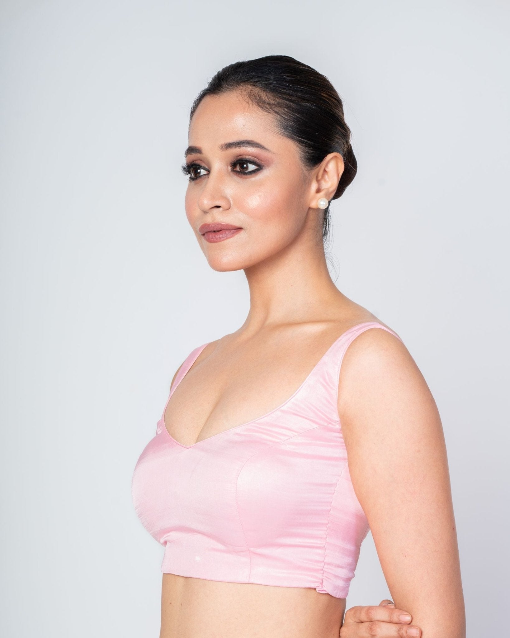 Light Pink V - Neck Cotton Silk Blouse with Stylish Back Cutout - Anvi Couture