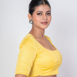 Butter Yellow U Neckline Blouse with Elbow Sleeves - Anvi Couture