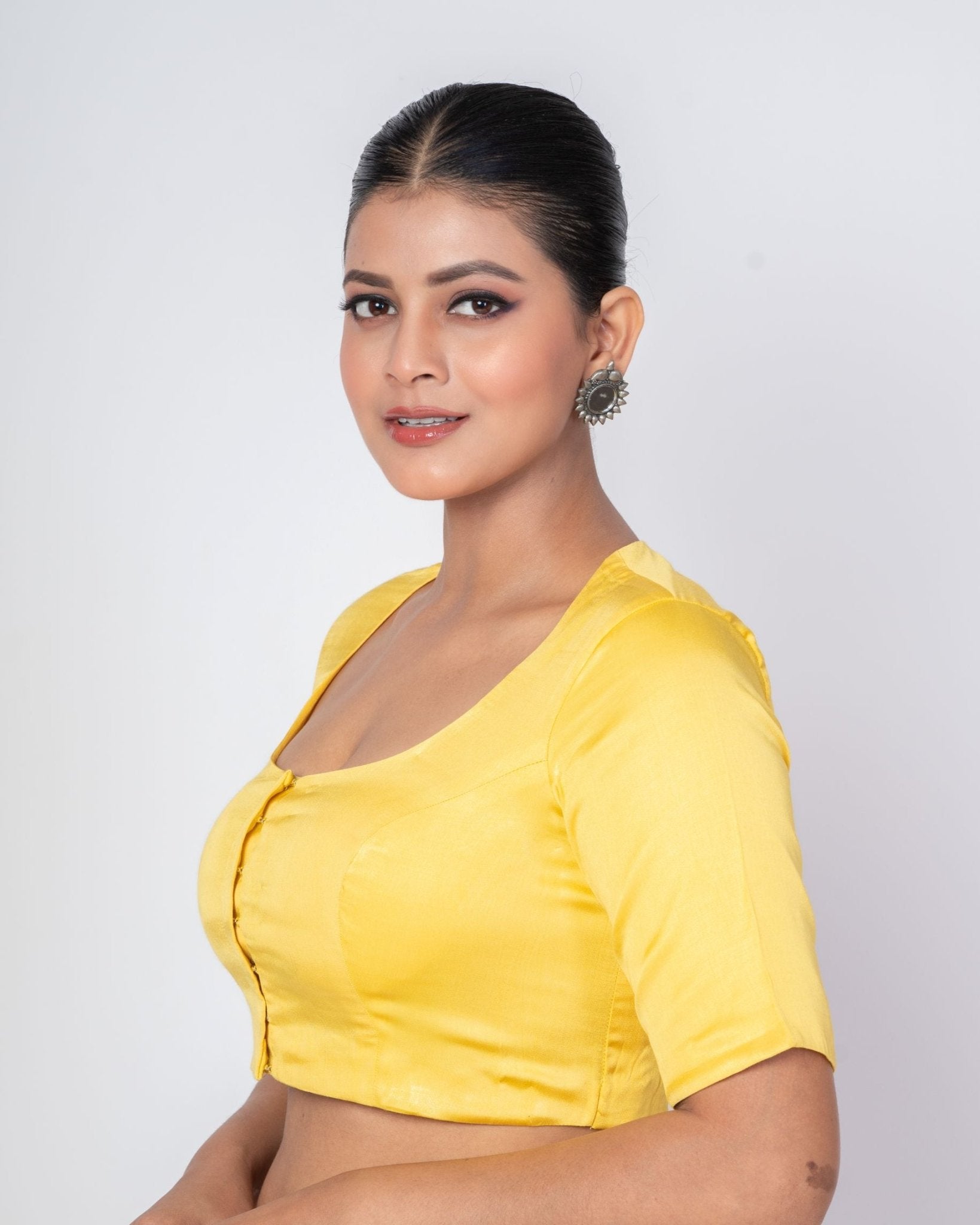 Butter Yellow U Neckline Blouse with Elbow Sleeves - Anvi Couture