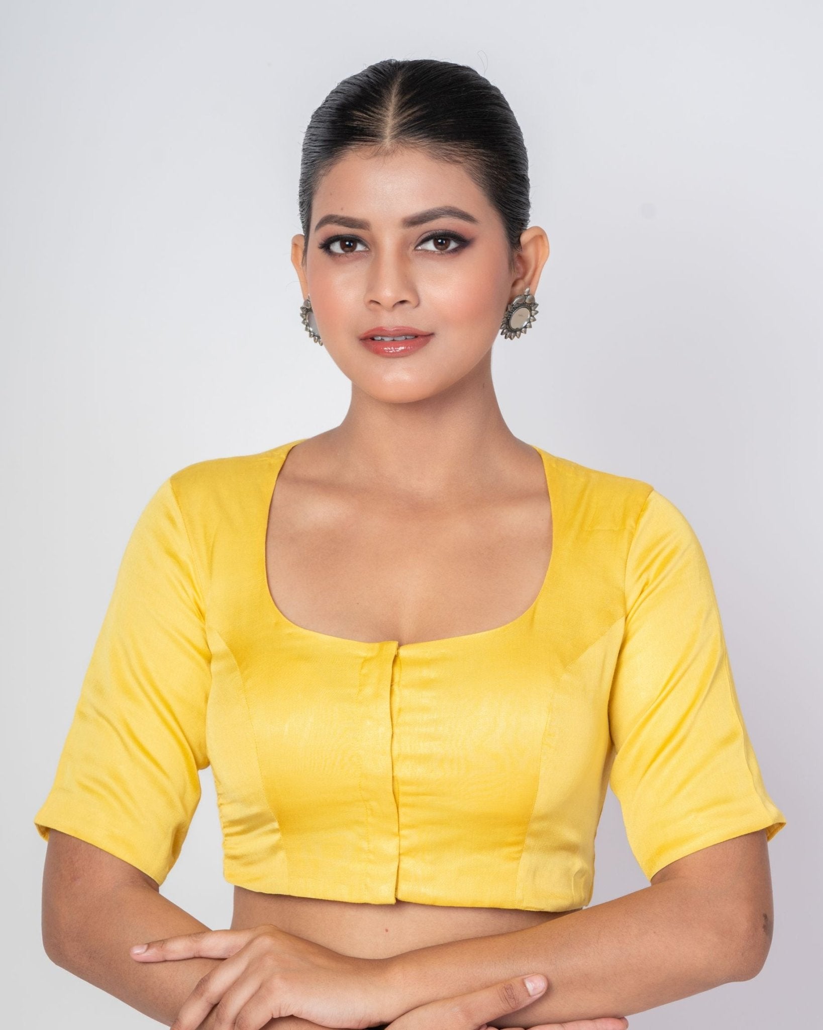 Butter Yellow U Neckline Blouse with Elbow Sleeves - Anvi Couture