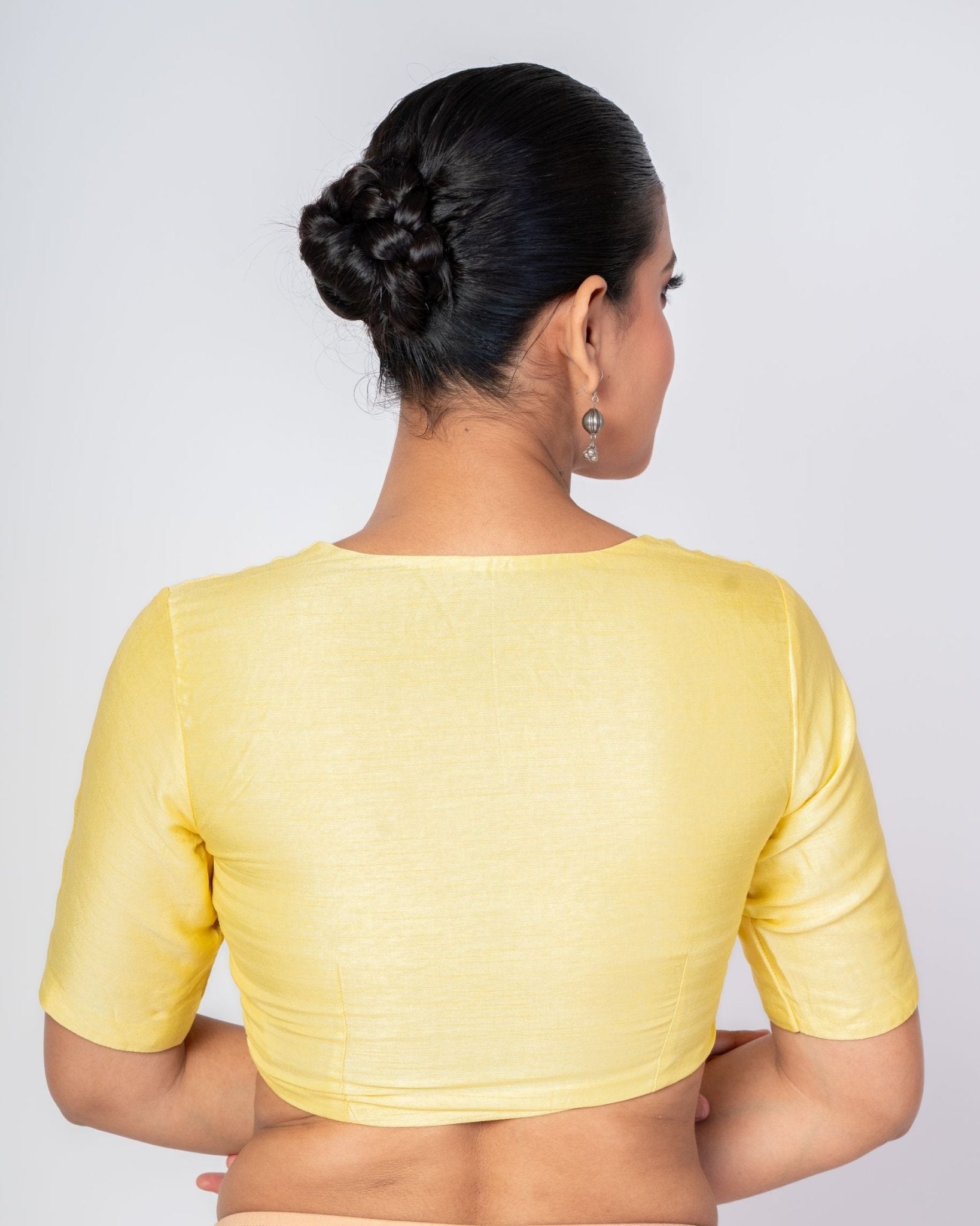 Butter Yellow U Neckline Blouse with Elbow Sleeves - Anvi Couture