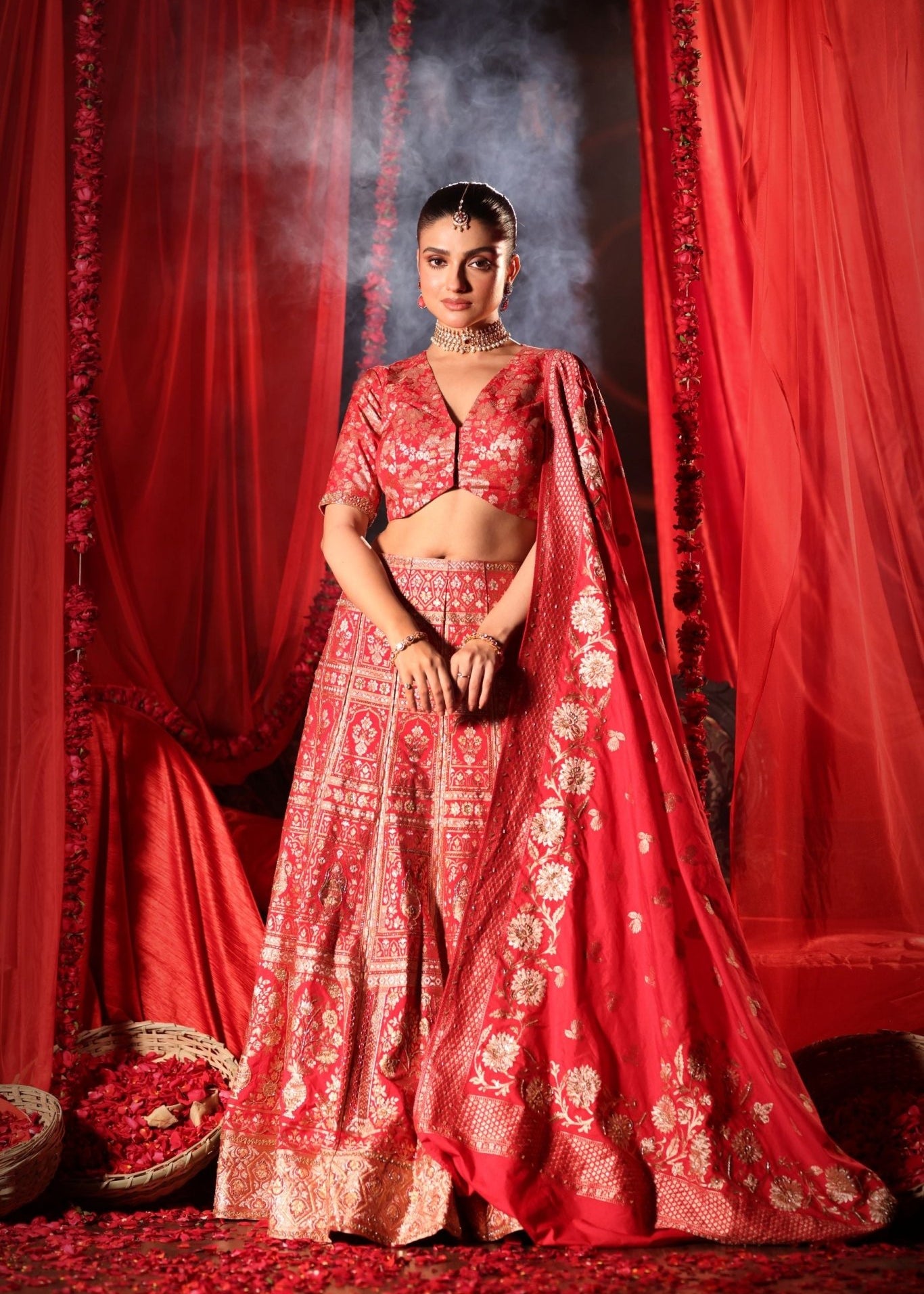 Red Banarasi Bridal Lehenga with Embroidered Work - Anvi Couture