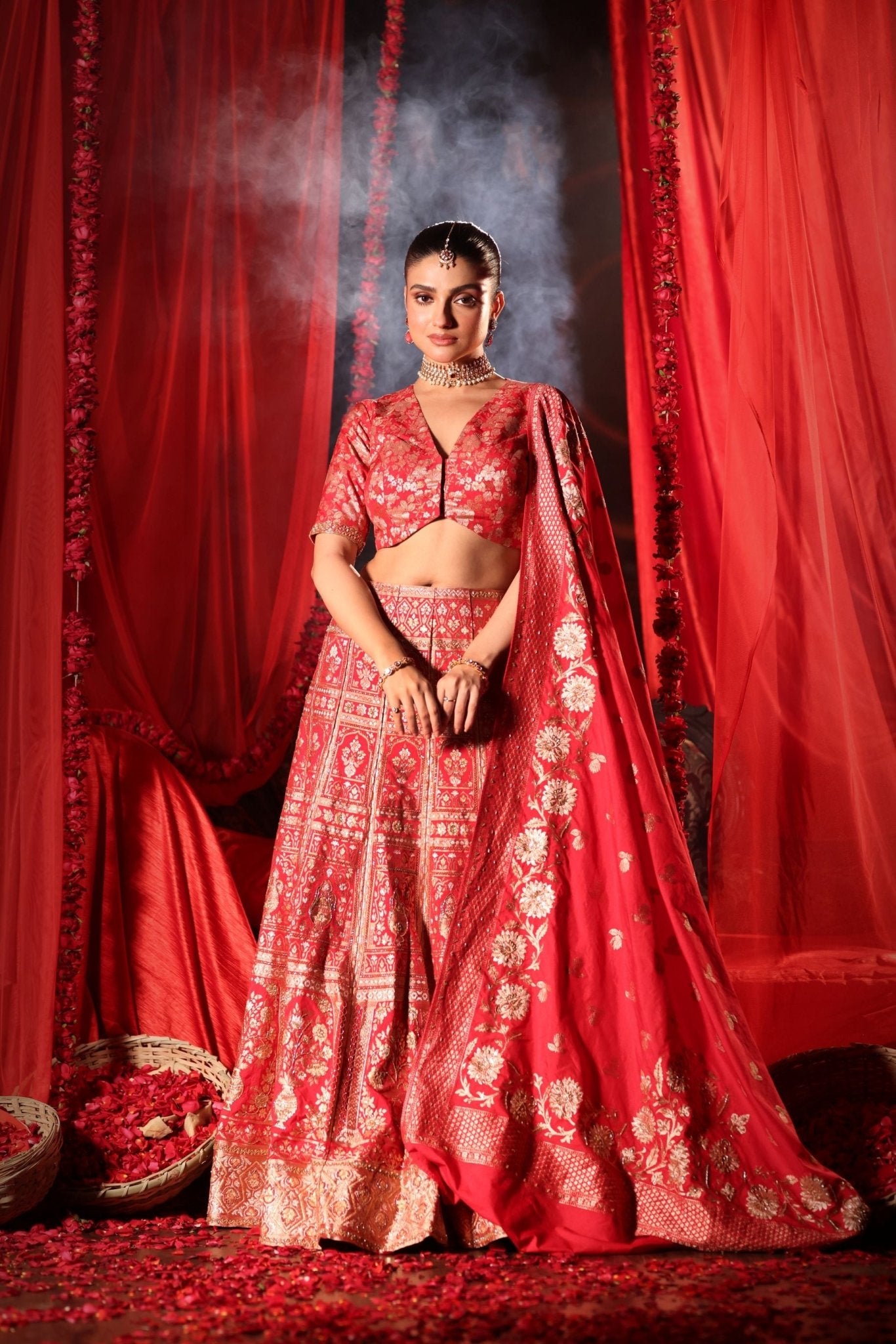 Red Banarasi Bridal Lehenga with Embroidered Work - Anvi Couture