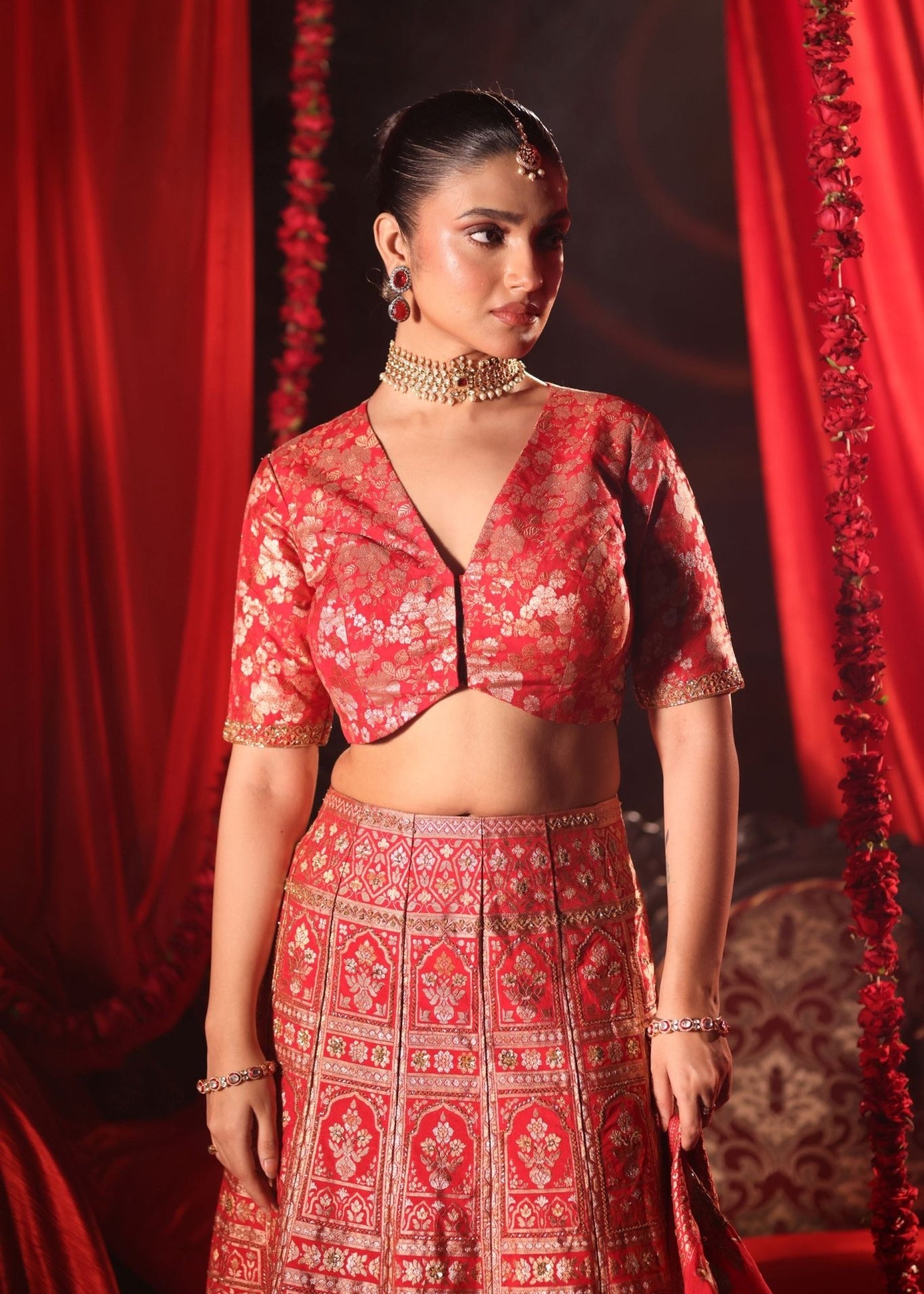 Red Banarasi Bridal Lehenga with Embroidered Work - Anvi Couture