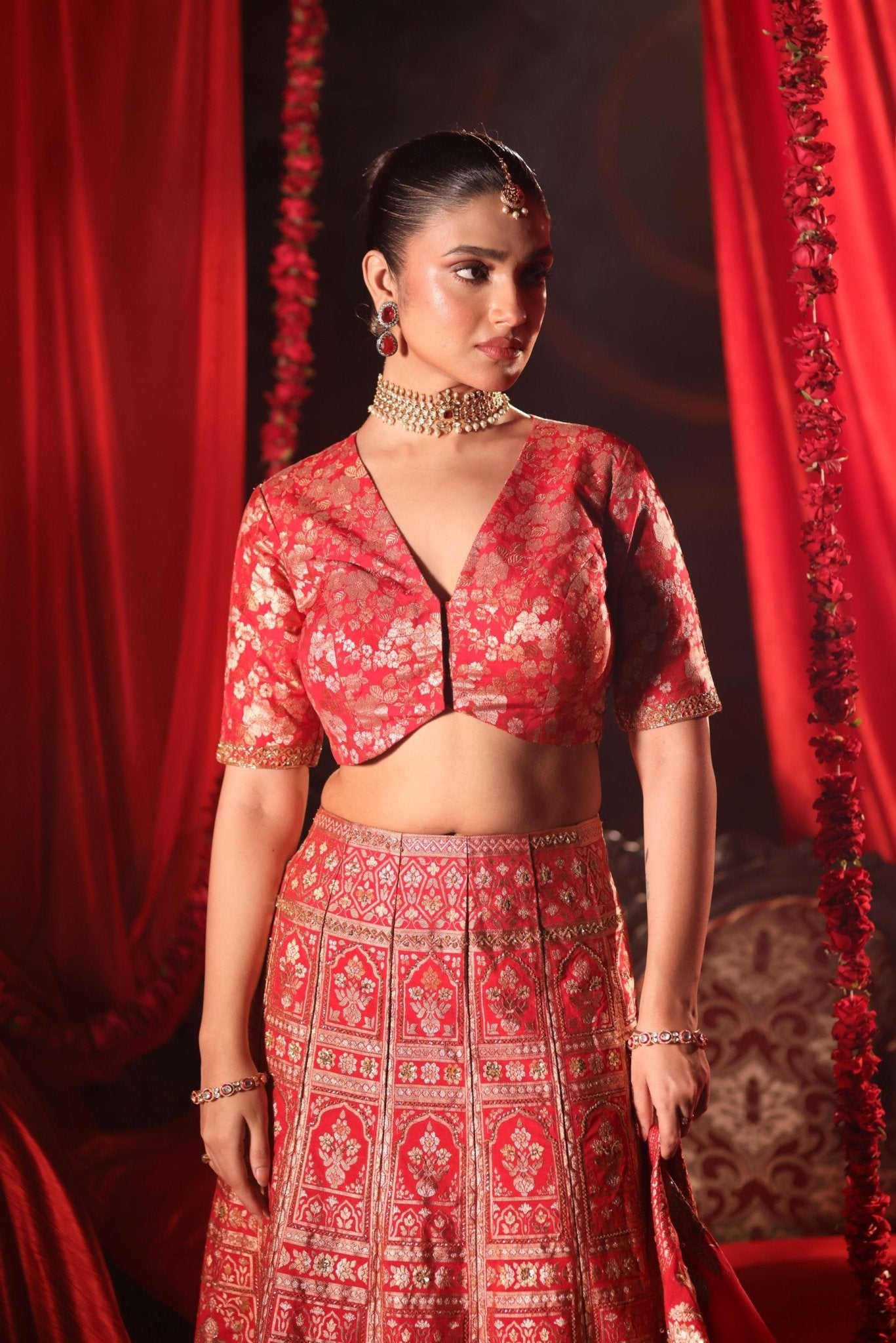 Red Banarasi Bridal Lehenga with Embroidered Work - Anvi Couture