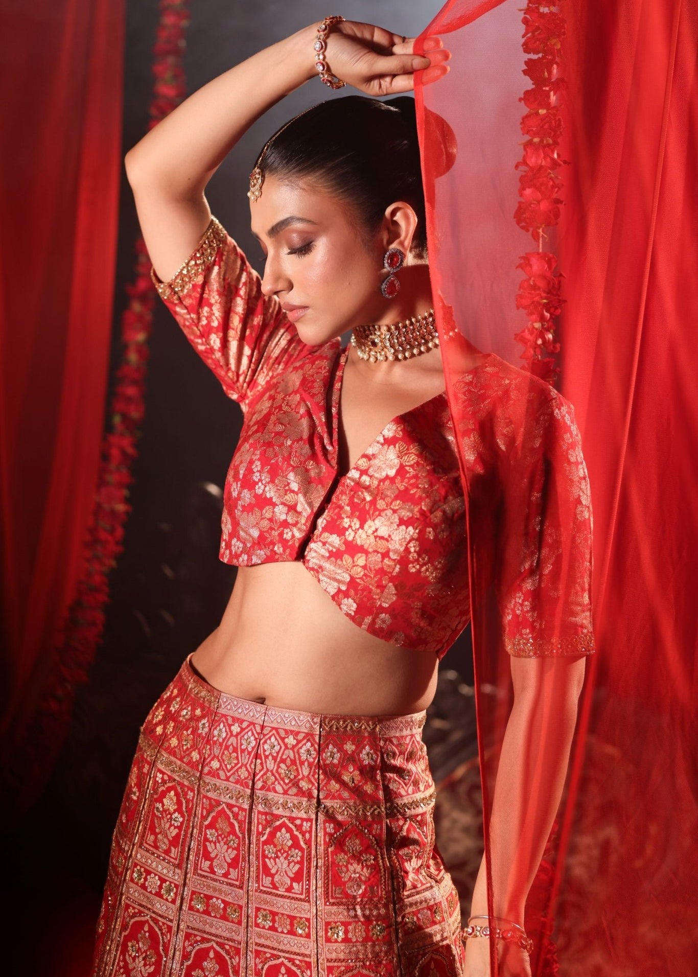 Red Banarasi Bridal Lehenga with Embroidered Work - Anvi Couture