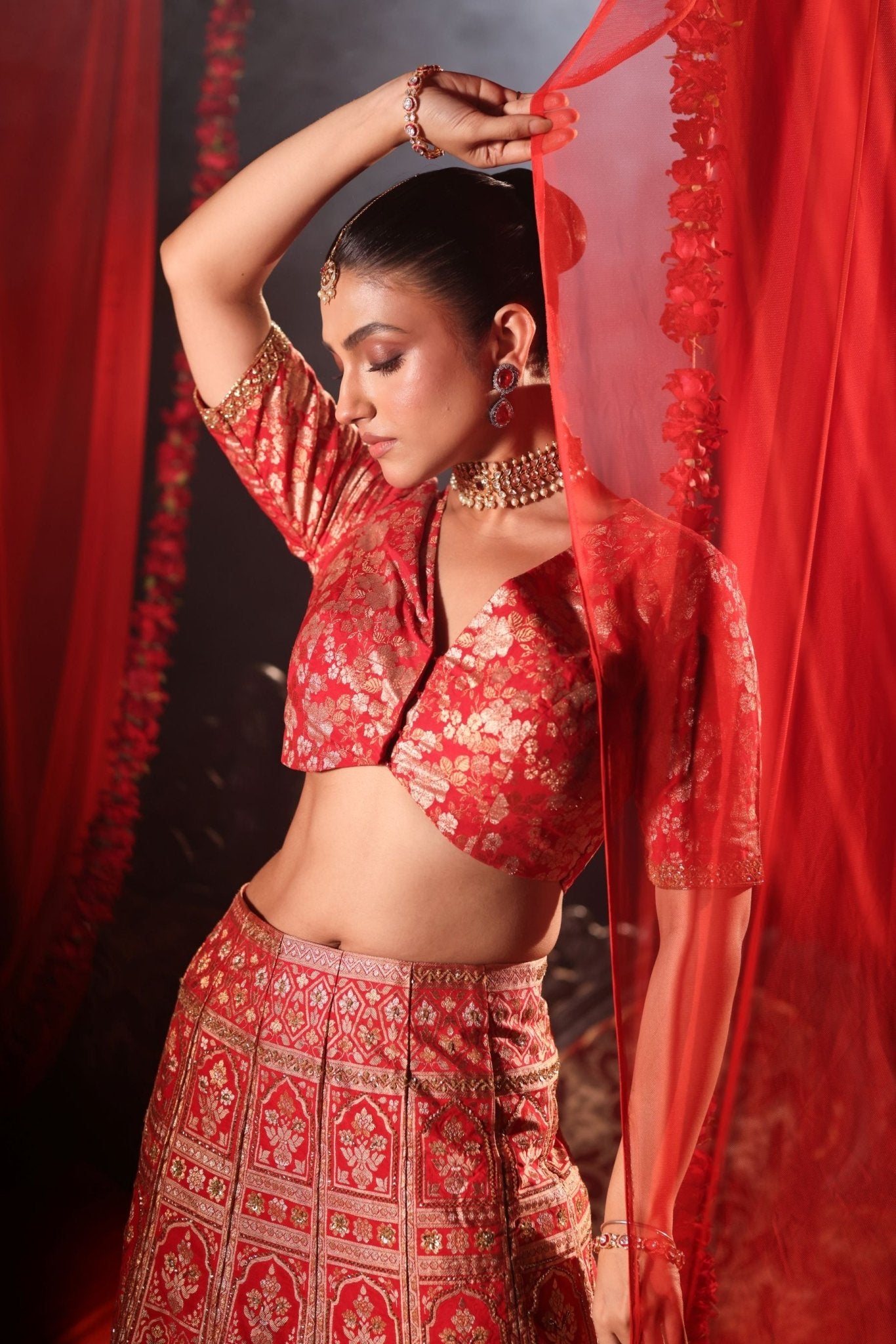 Red Banarasi Bridal Lehenga with Embroidered Work - Anvi Couture