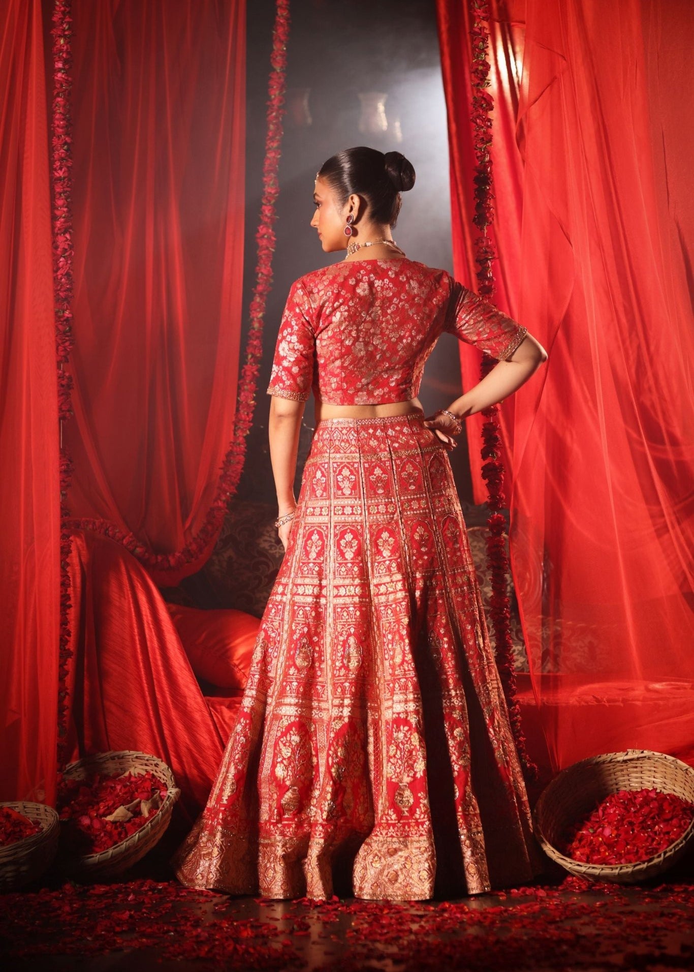 Red Banarasi Bridal Lehenga with Embroidered Work - Anvi Couture
