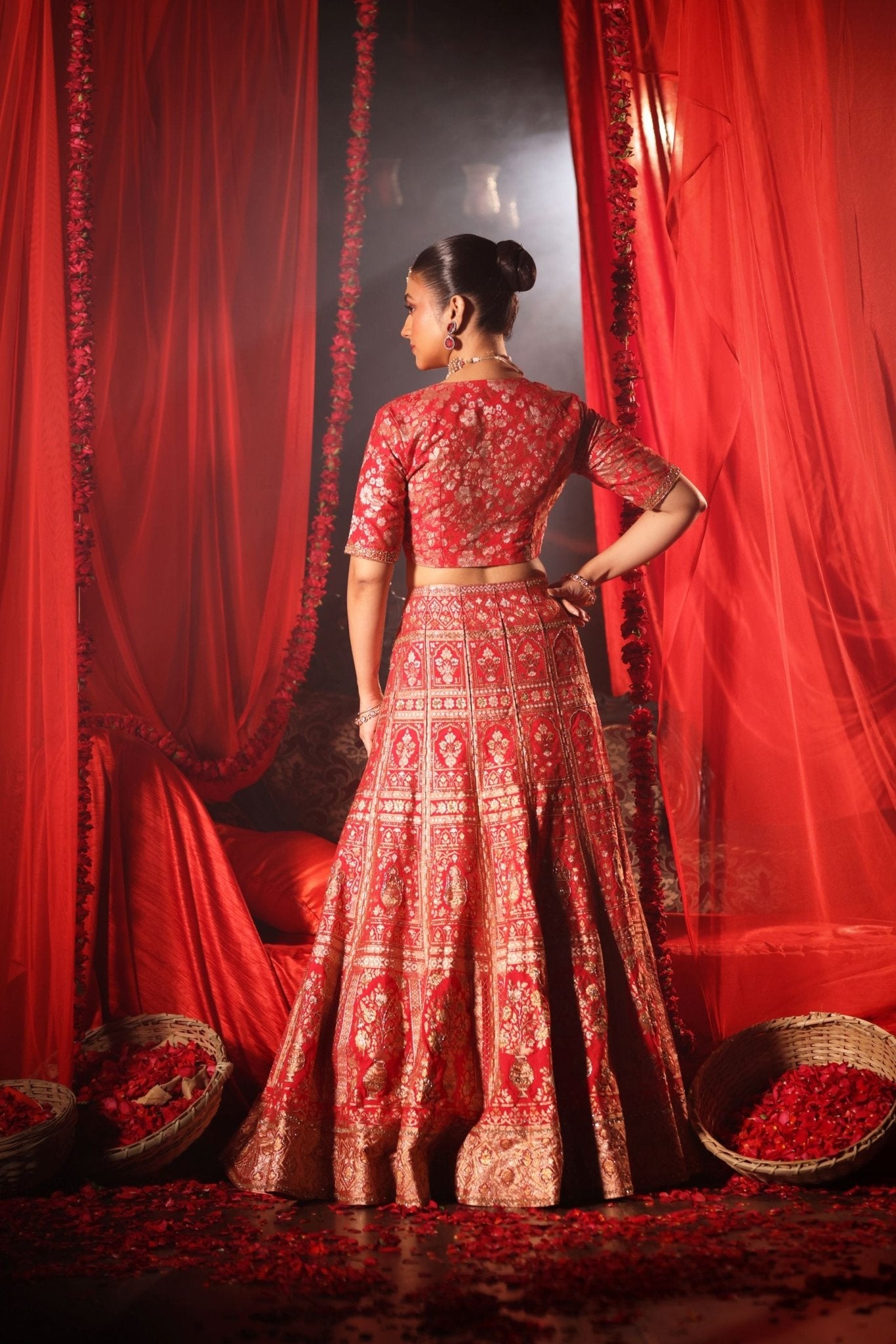 Red Banarasi Bridal Lehenga with Embroidered Work - Anvi Couture