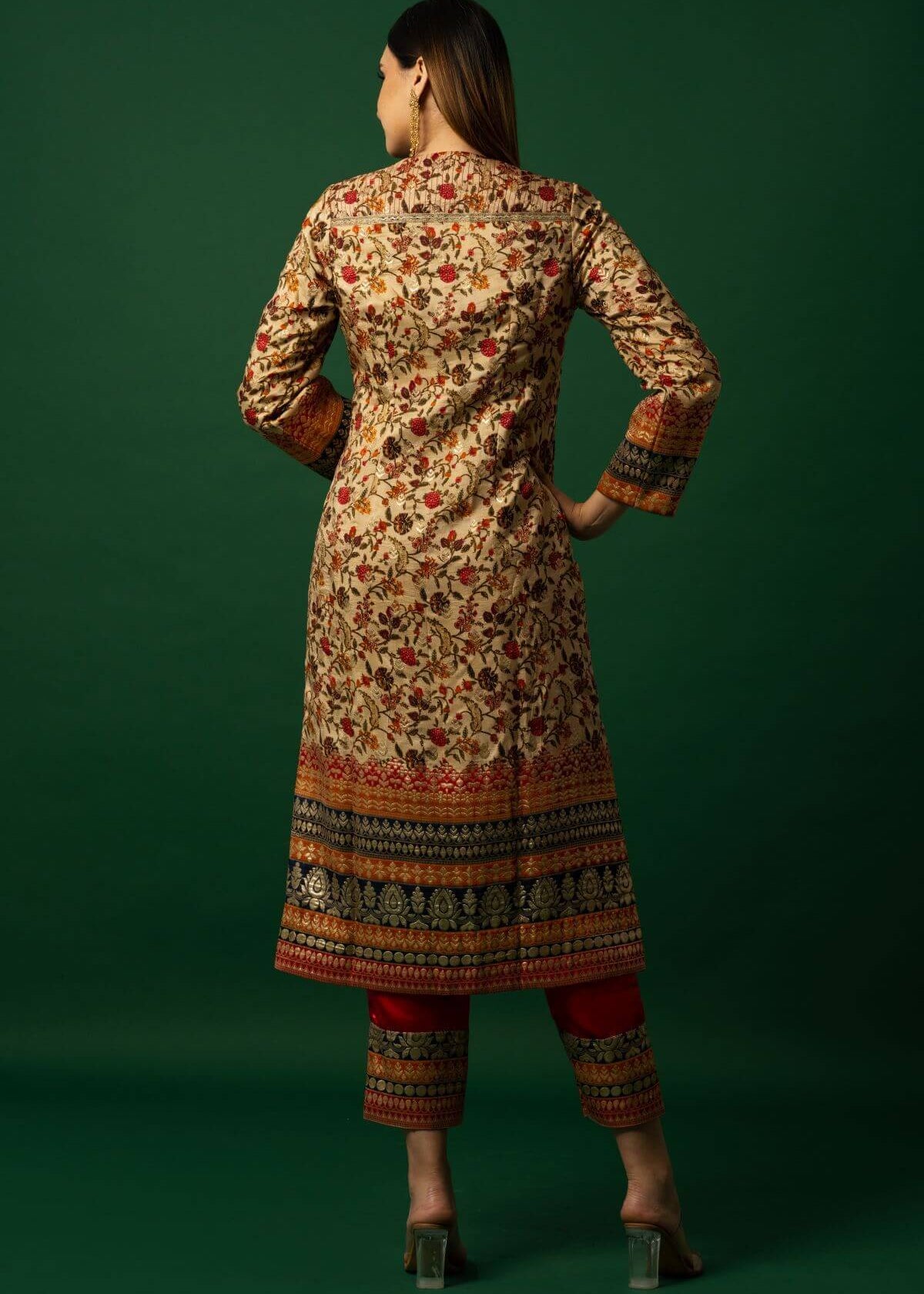 Red Banarasi Jacquard Silk Kurti Pant Set for Women - Festive Wear