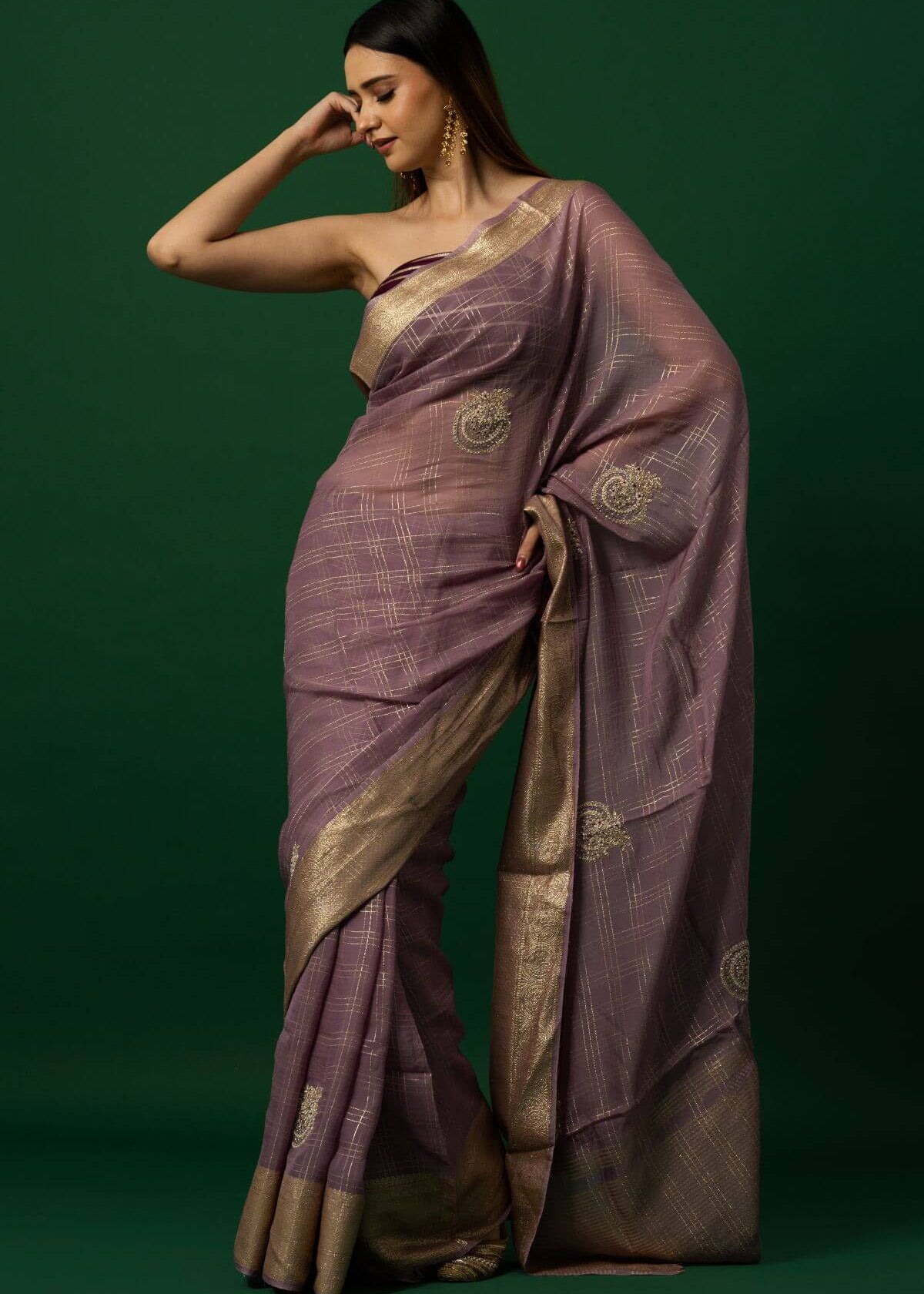 Stylish Purple Organza Saree with Gold Embroidery for Weddings and Parties