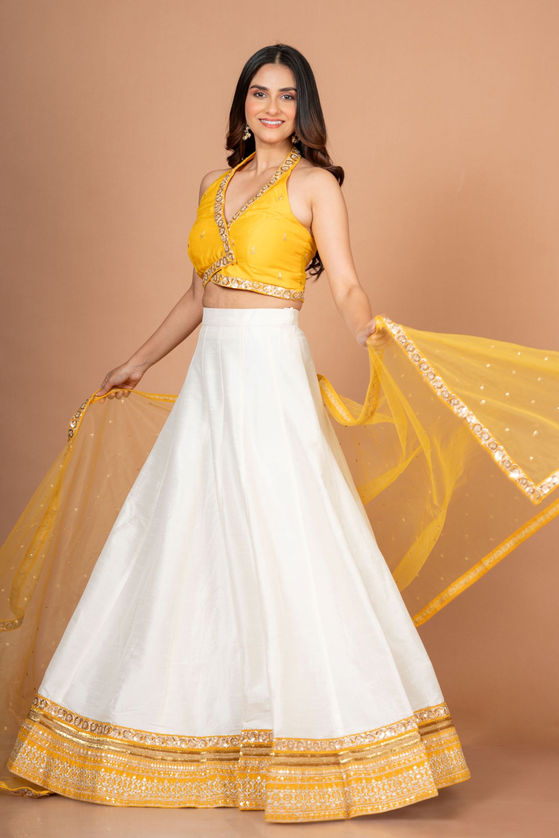 Yellow White Designer Lehenga Set Front