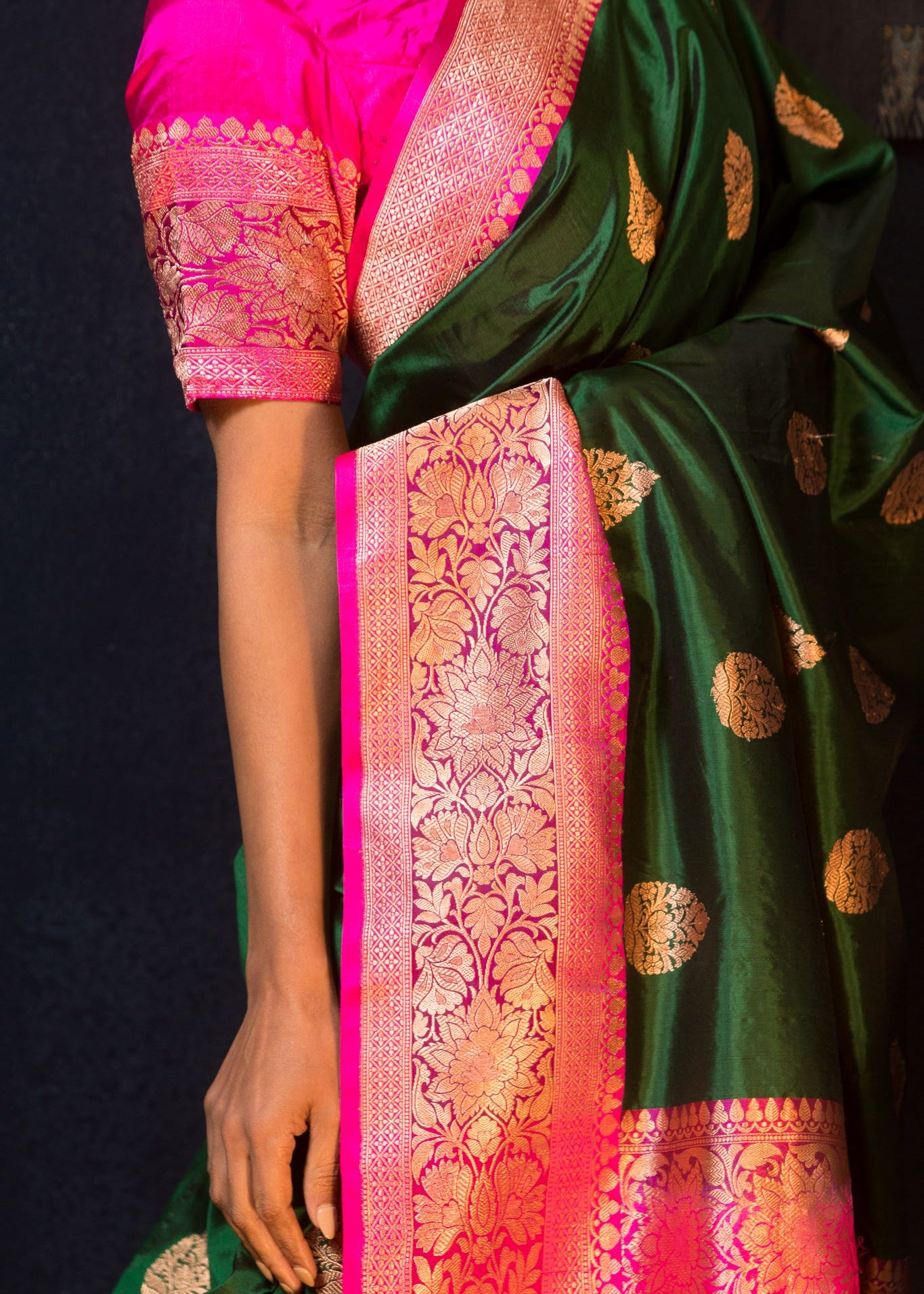 Green Handwoven Pure Katan Banarasi Silk Saree with Gold Zari - Image 4