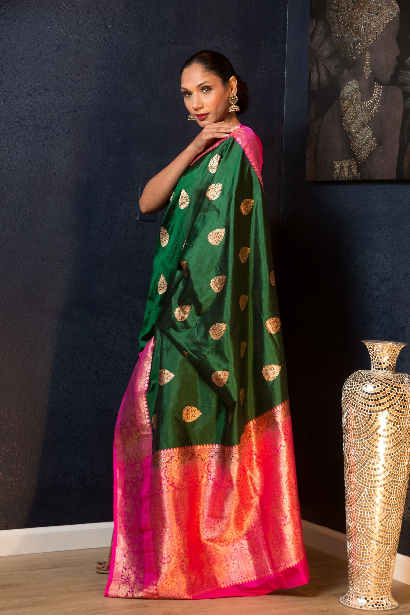 Green Katan Banarasi Silk Saree Embellished with Golden Floral Motifs and Pink Border - Anvi Couture