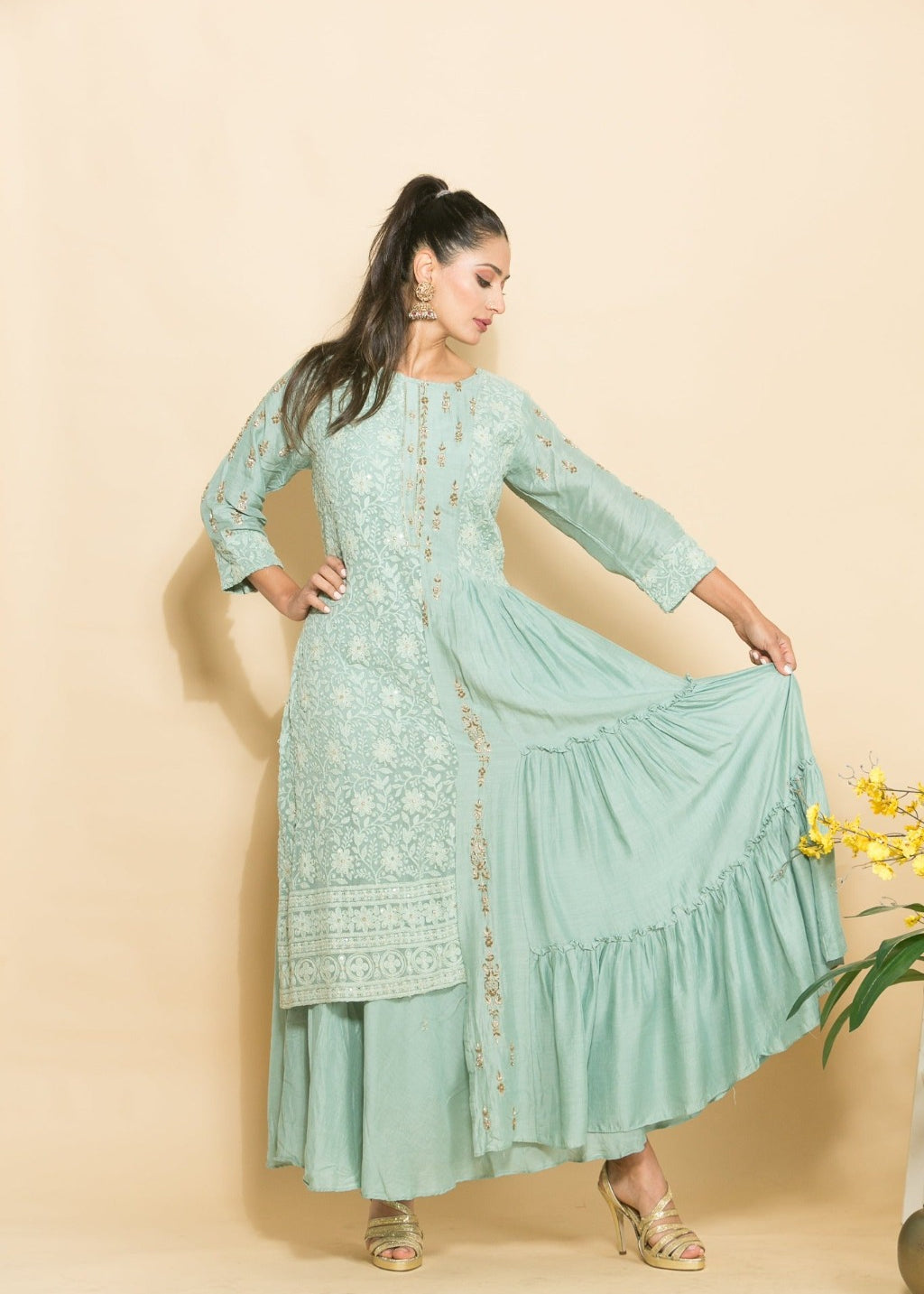 Light Blue Elegant Embroidered Designer Fusion Dress