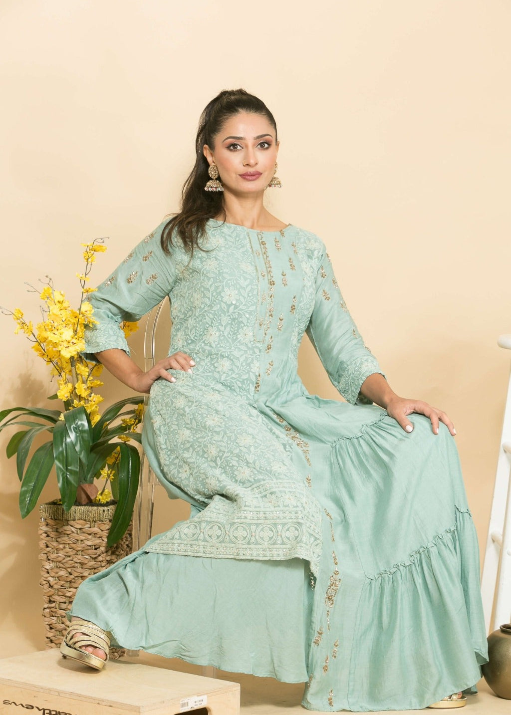 Light Blue Elegant Embroidered Designer Fusion Dress