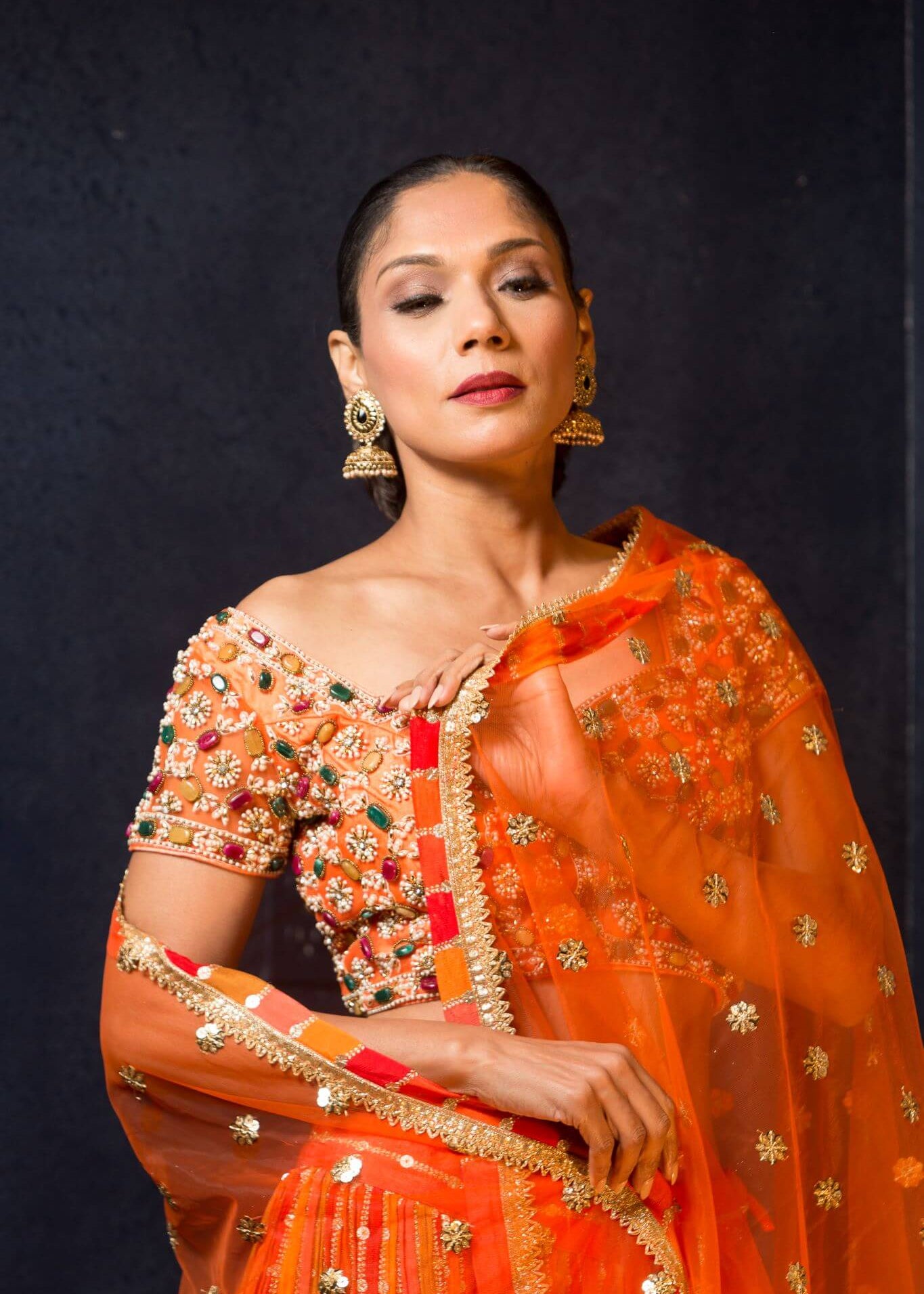 Orange Designer Lehenga With Gems Embroidered Blouse