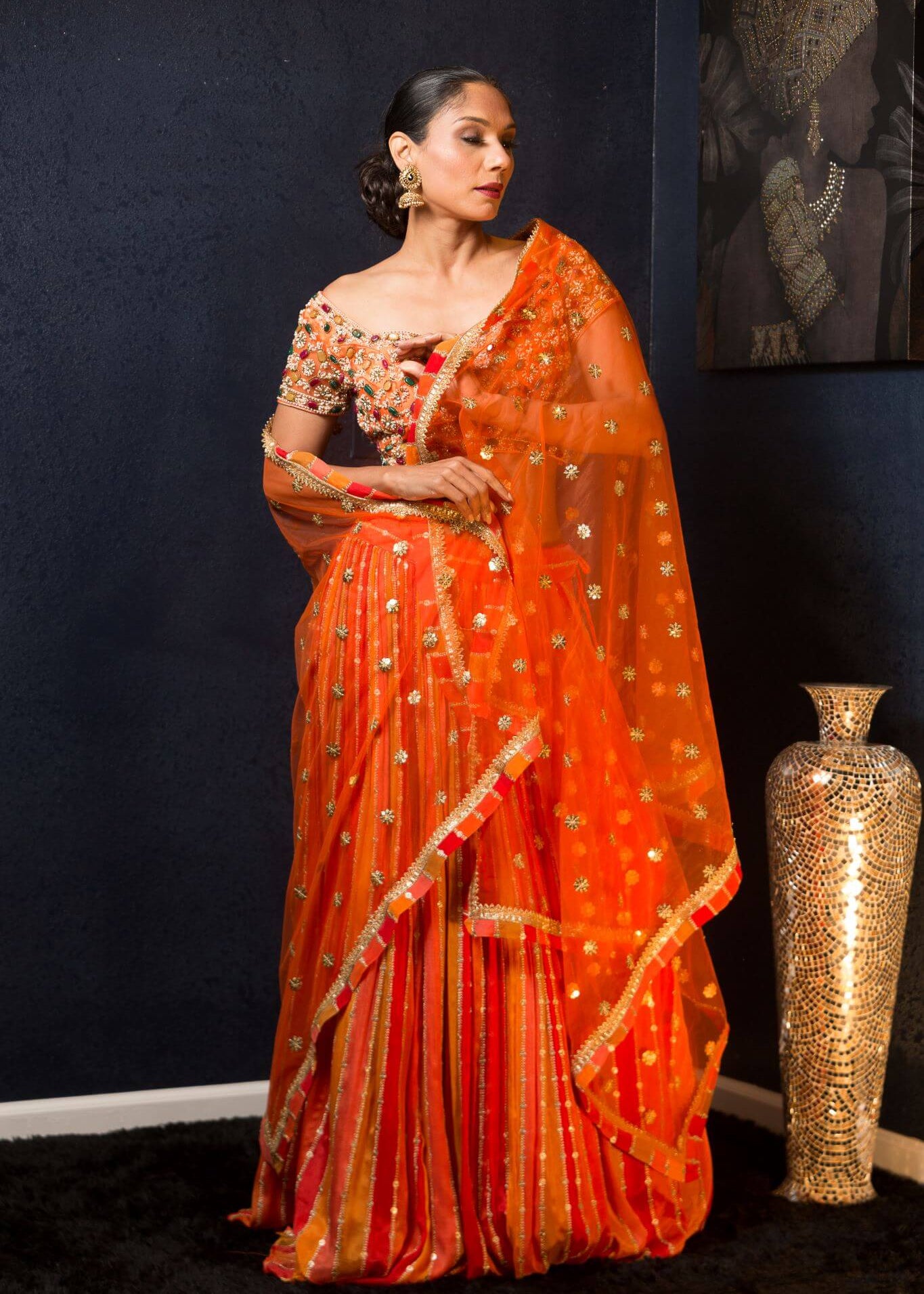 Orange Designer Lehenga With Gems Embroidered Blouse