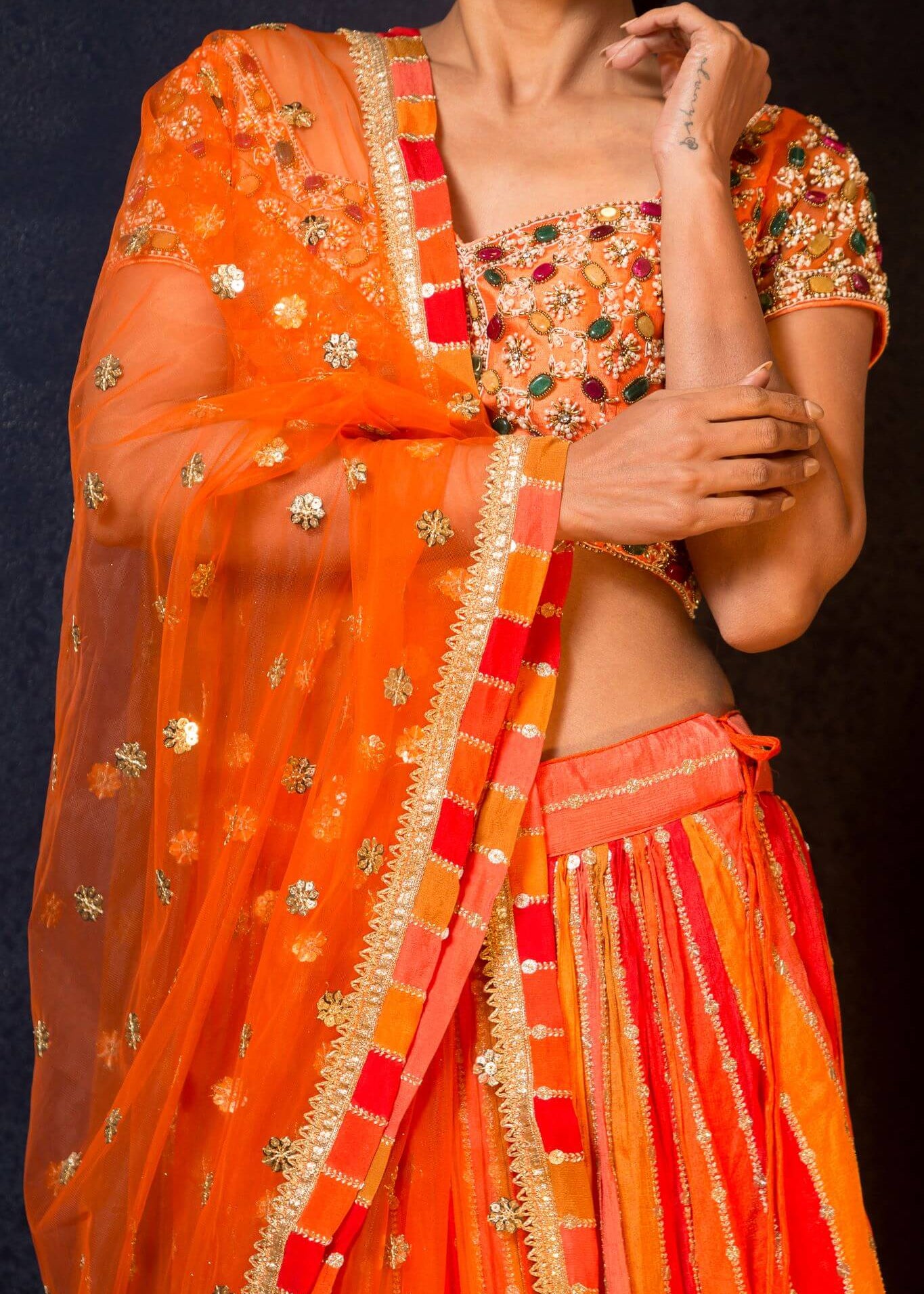 Orange Designer Lehenga With Gems Embroidered Blouse