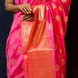 Pink Silk Saree Embellished With Golden Floral Embroidery - Anvi Couture