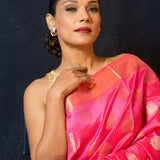 Pink Silk Saree Embellished With Golden Floral Embroidery - Anvi Couture