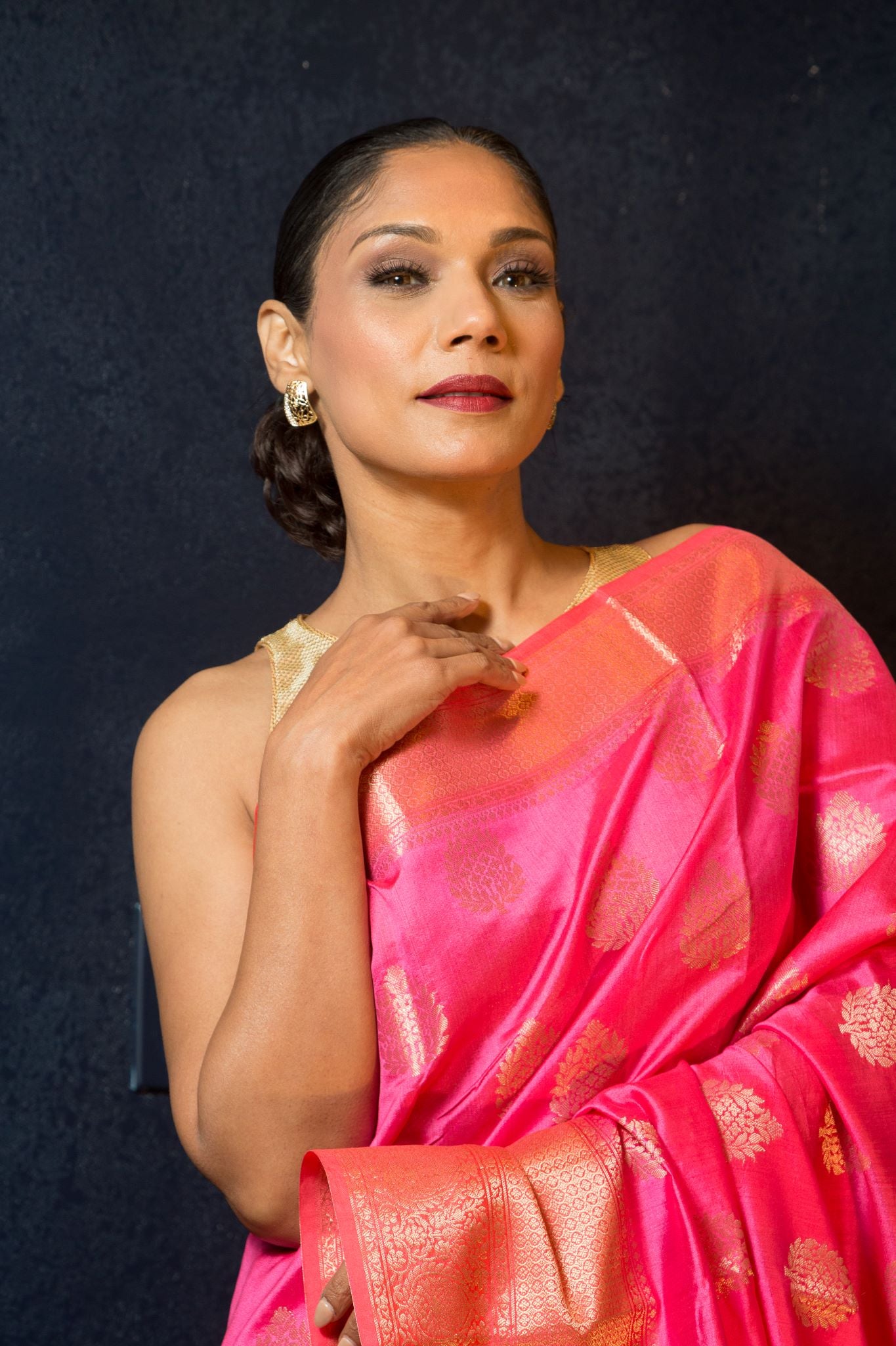 Pink Silk Saree Embellished With Golden Floral Embroidery - Anvi Couture
