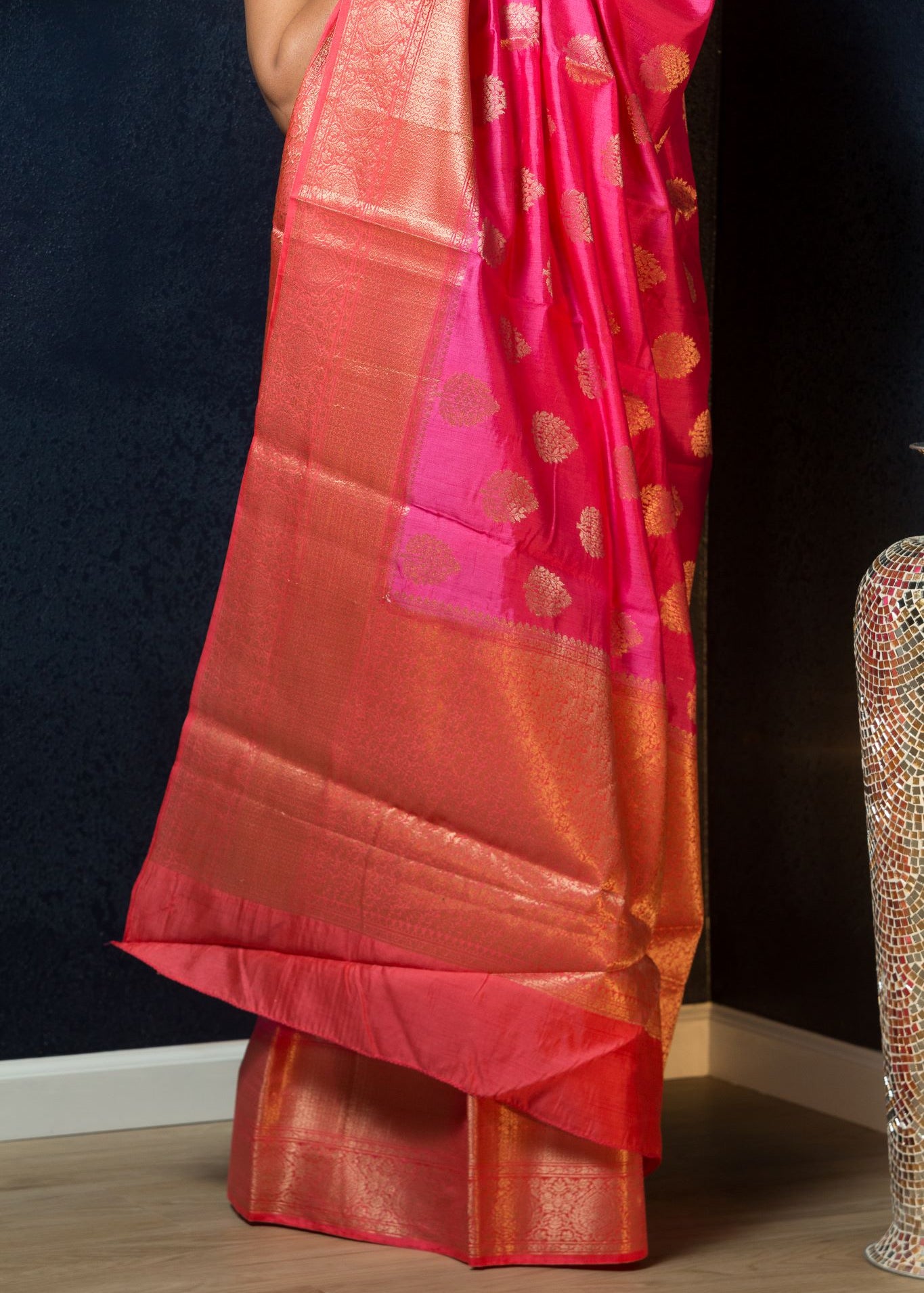 Pink Silk Saree Embellished With Golden Floral Embroidery - Anvi Couture