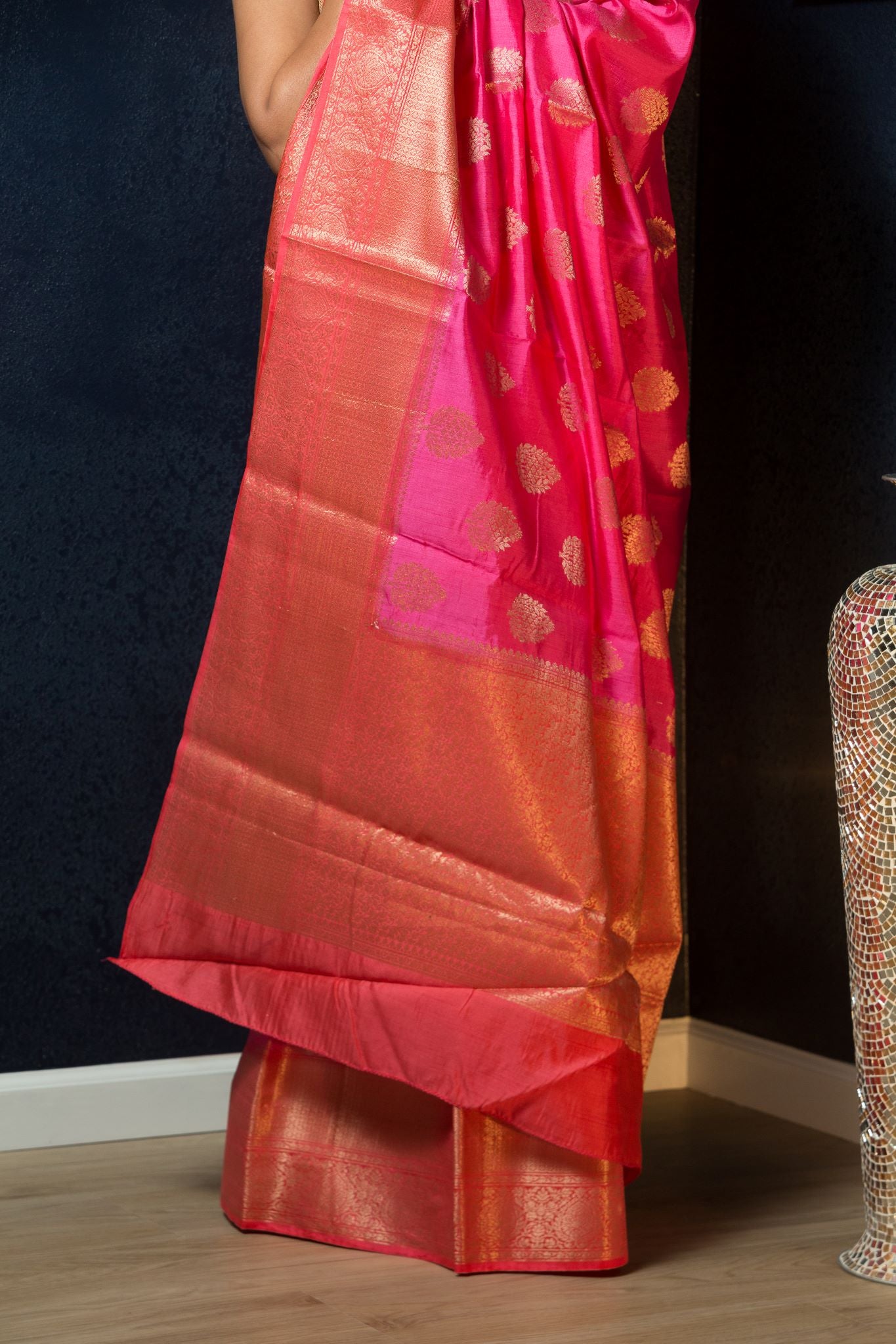 Pink Silk Saree Embellished With Golden Floral Embroidery - Anvi Couture