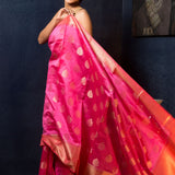 Pink Silk Saree Embellished With Golden Floral Embroidery - Anvi Couture