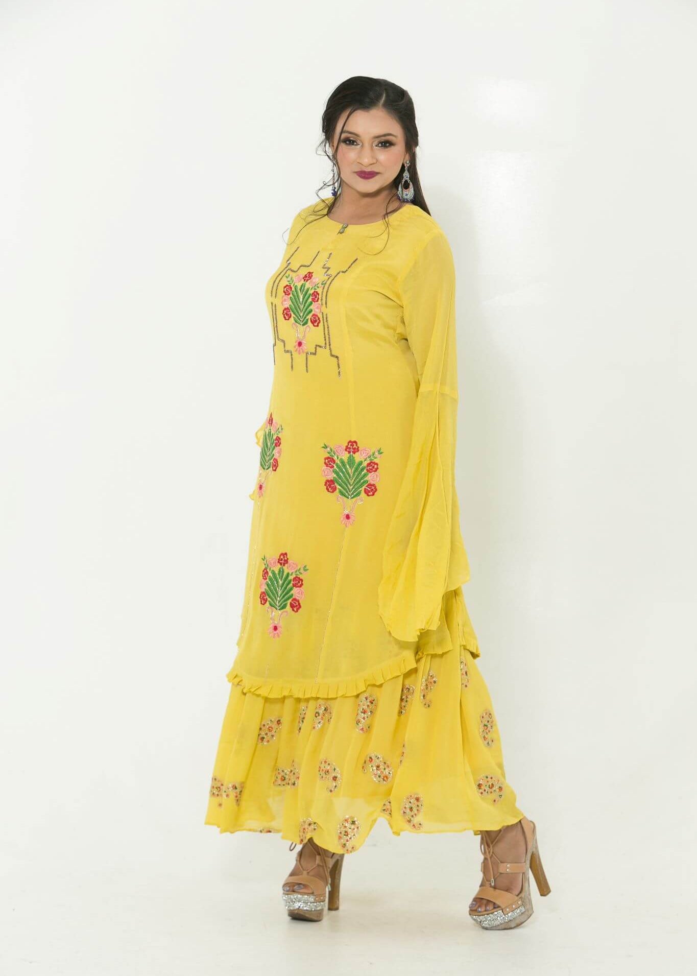 Yellow Party Wear Gown With Hand Embroidery - Anvi Couture