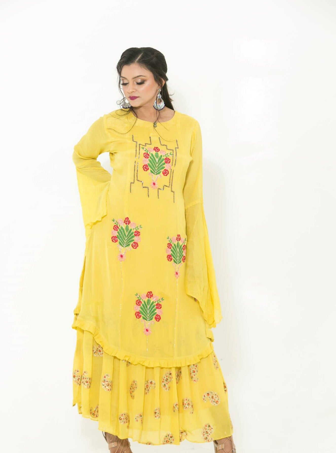 Yellow Party Wear Gown With Hand Embroidery - Anvi Couture