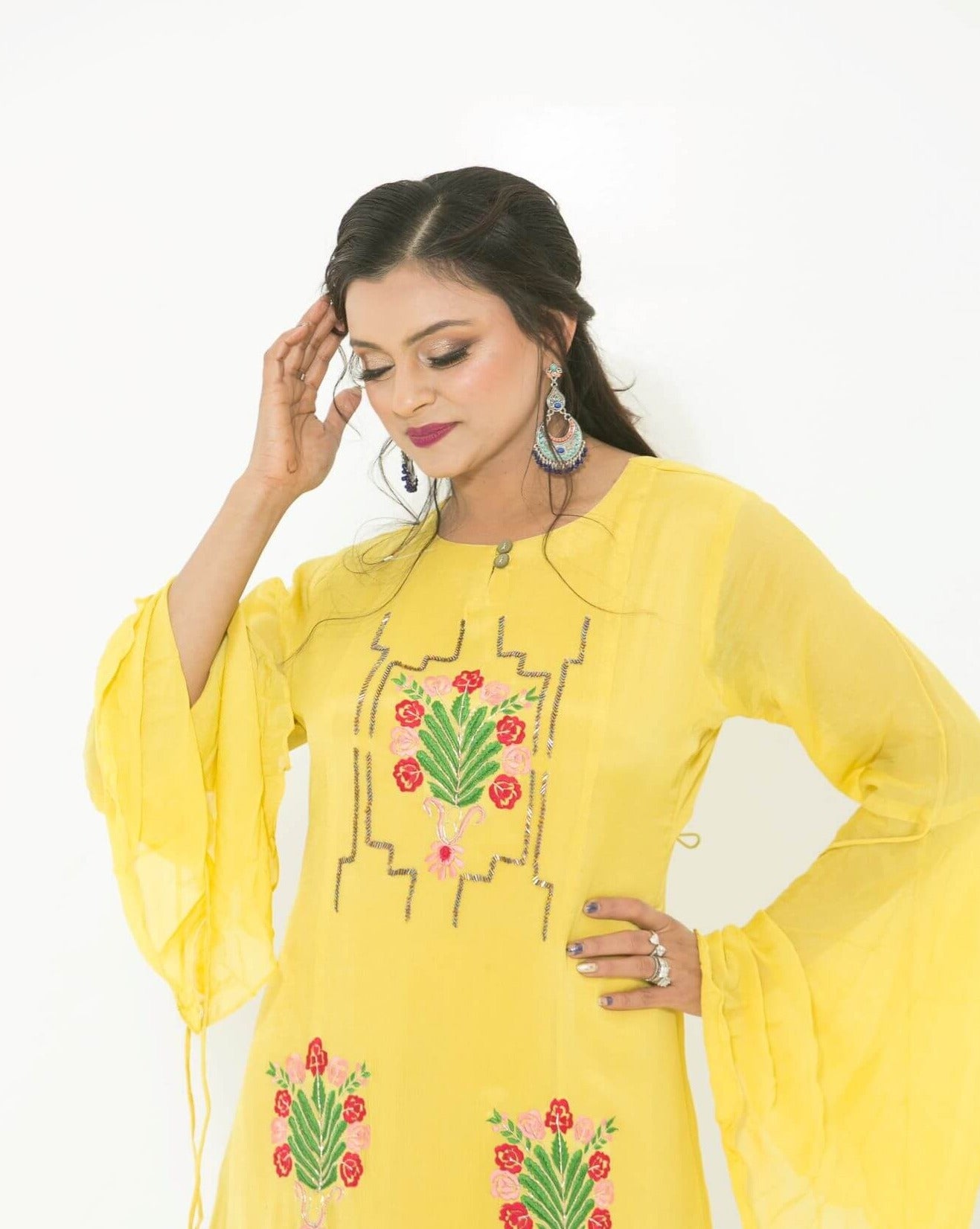 Yellow Party Wear Gown With Hand Embroidery - Anvi Couture