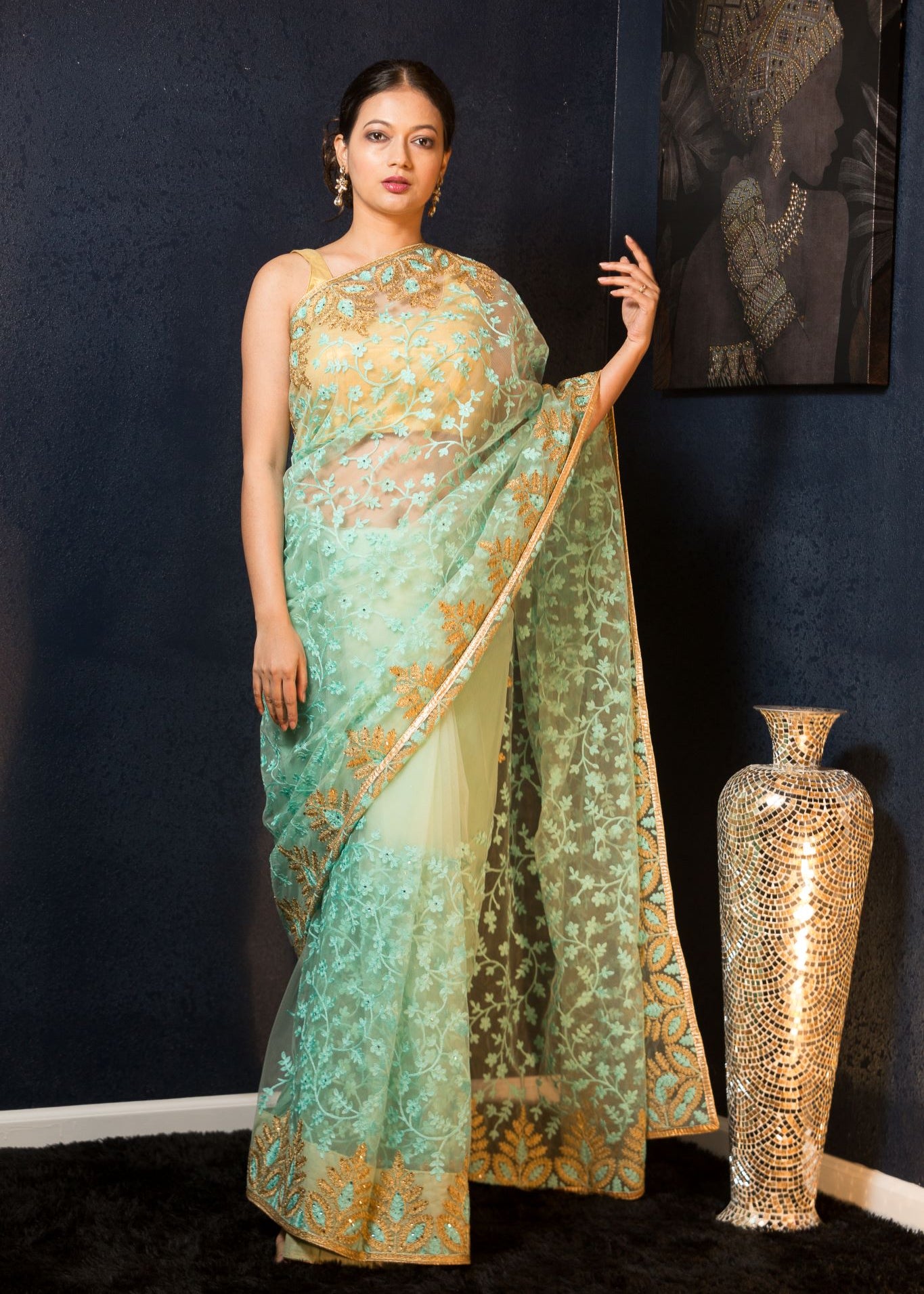 Sea Green Net Saree with Stonework and Embroidery