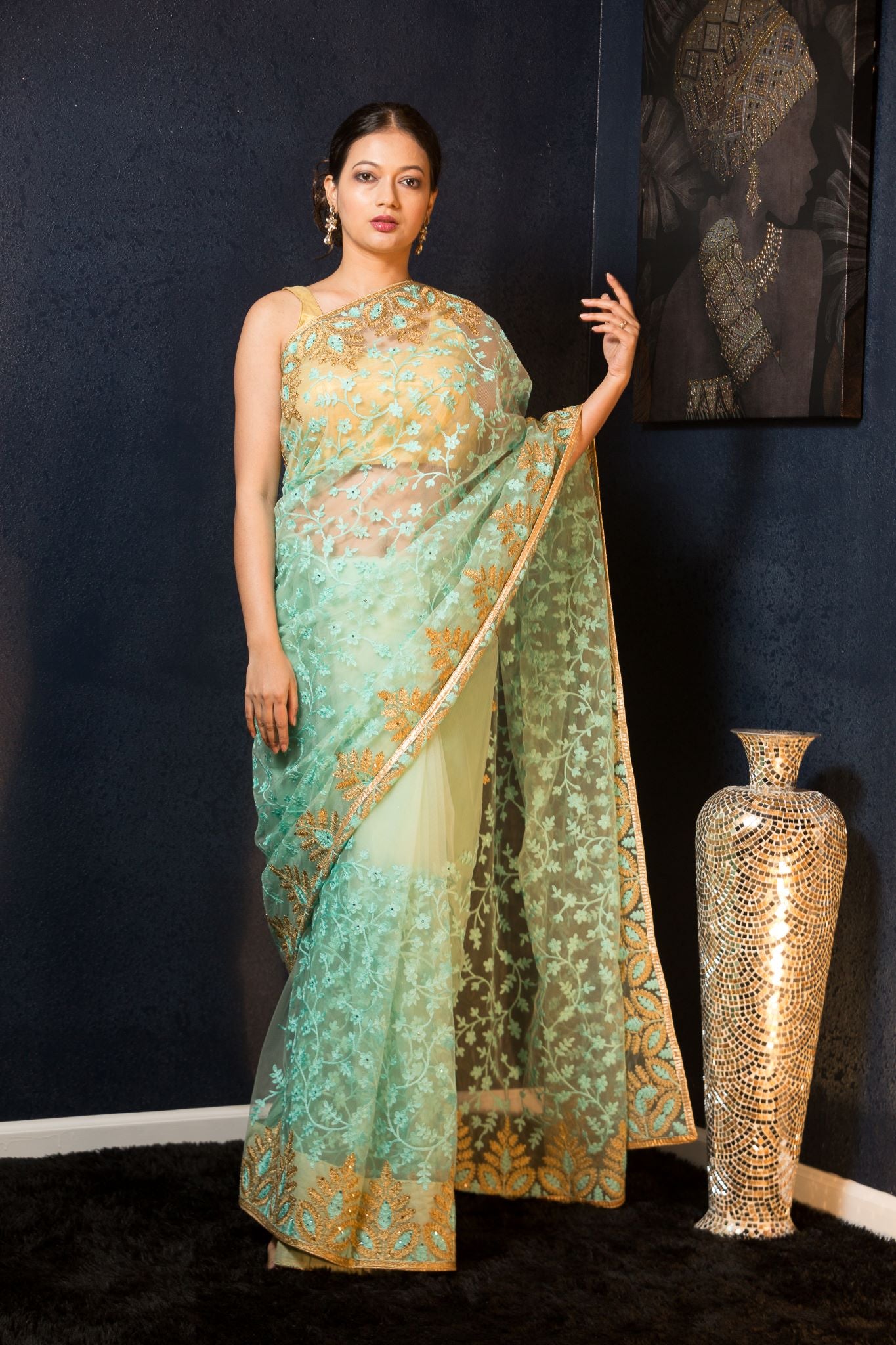 Sea Green Net Saree with Stonework and Embroidery