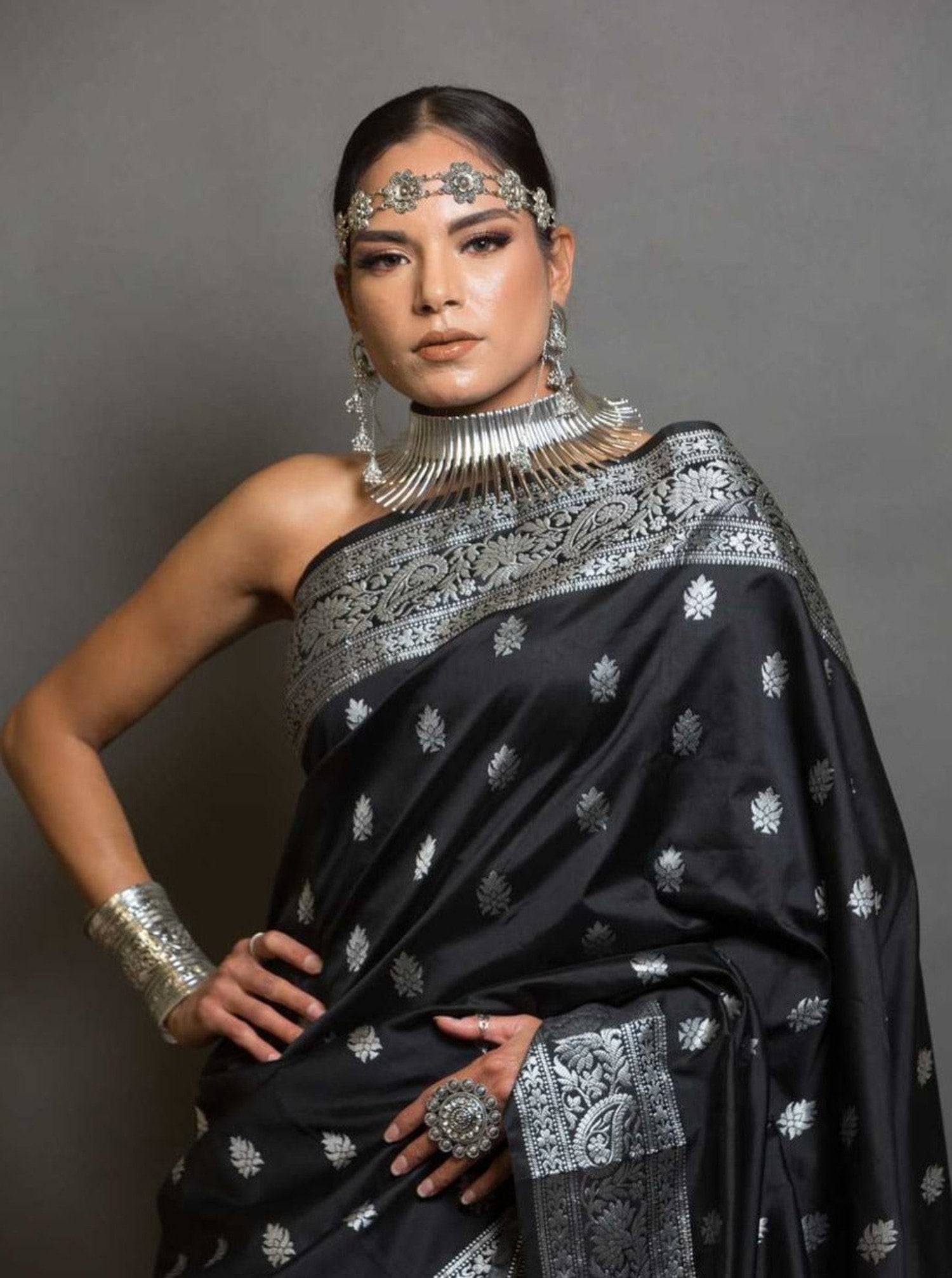 Beautiful Black Katan Banarasi Silk Saree with Silver Boota - Anvi Couture