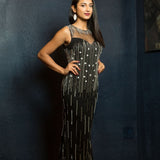 Black Bead Embroidered Evening Gown - Anvi Couture