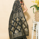 Black Handloom Linen Saree with Golden Motifs