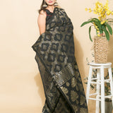 Black Handloom Linen Saree with Golden Motifs