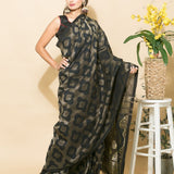 Black Handloom Linen Saree with Golden Motifs