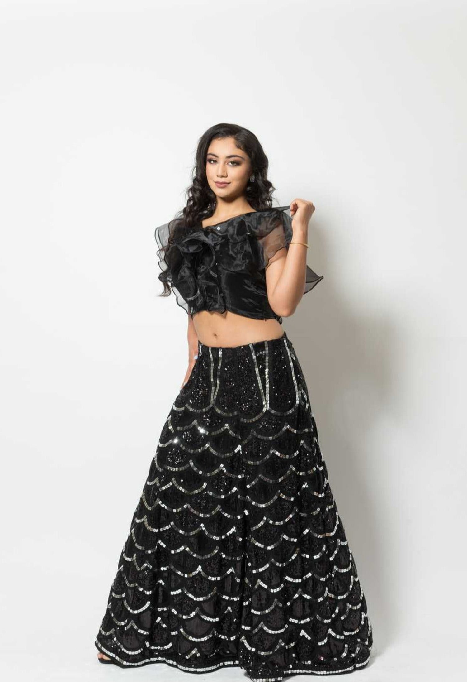 Black Fusion Lehenga with Sequin embroidery and Ruffle blouse - Anvi Couture