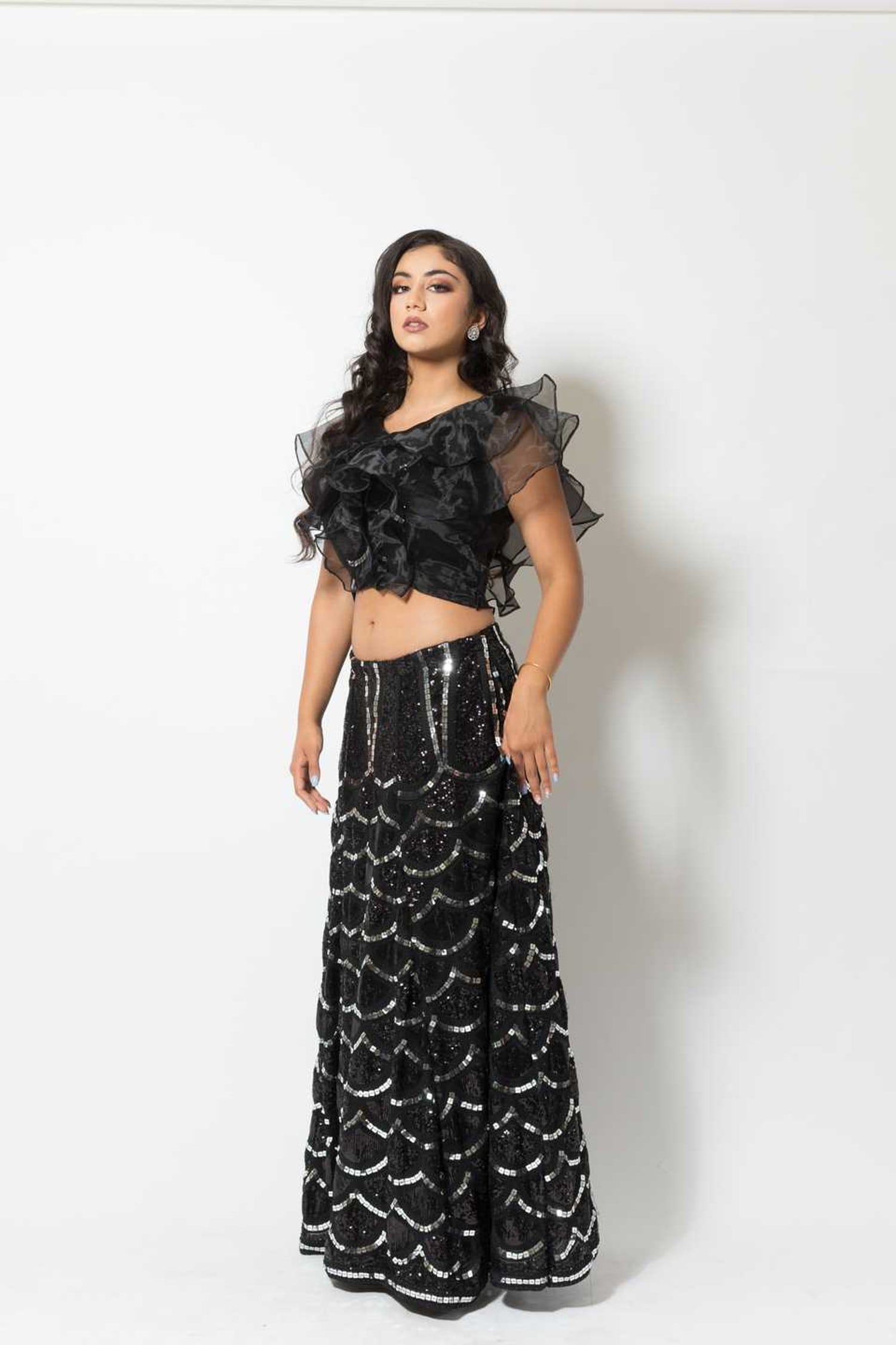 Black Fusion Lehenga with Sequin embroidery and Ruffle blouse - Anvi Couture