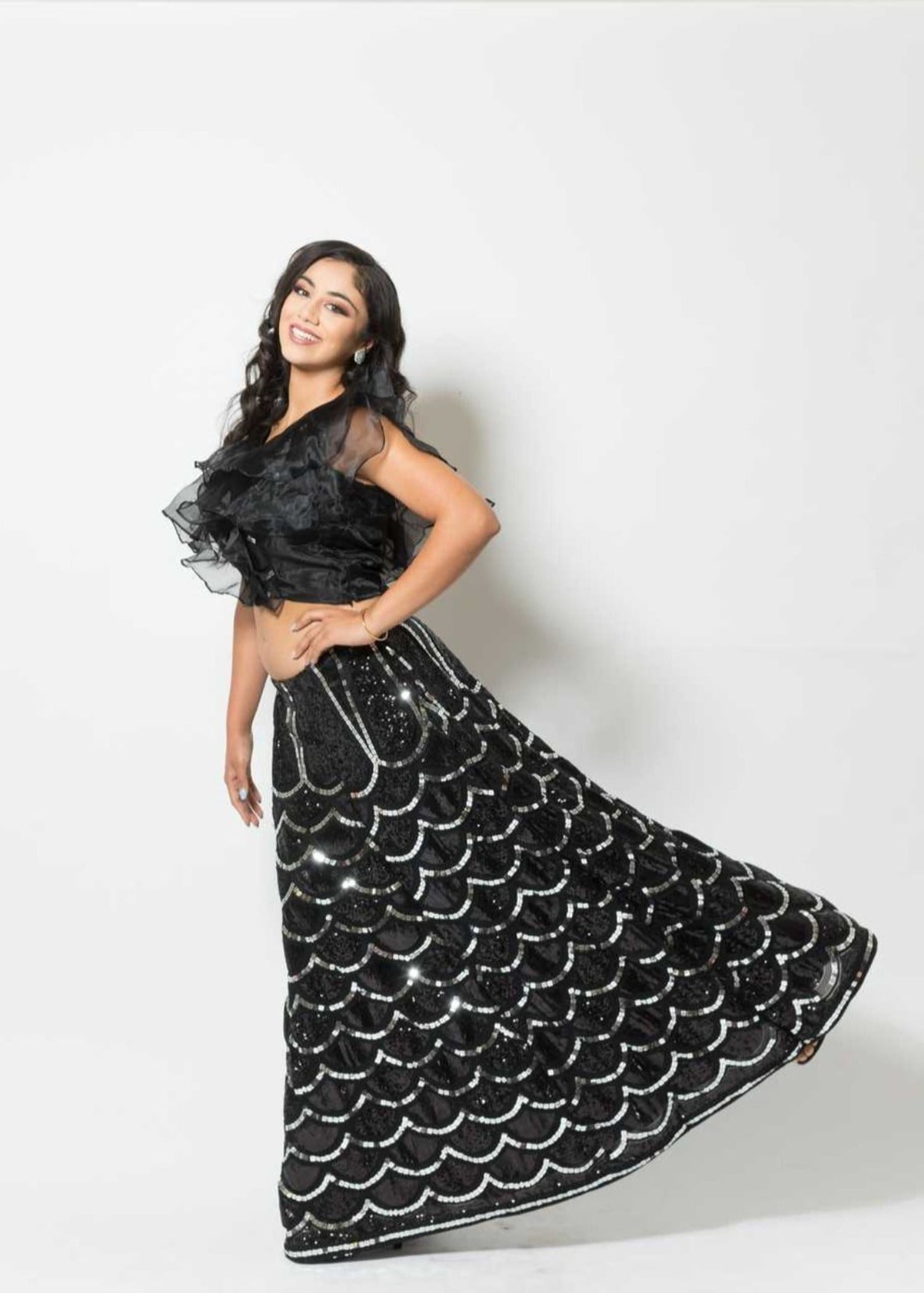 Black Fusion Lehenga with Sequin embroidery and Ruffle blouse - Anvi Couture