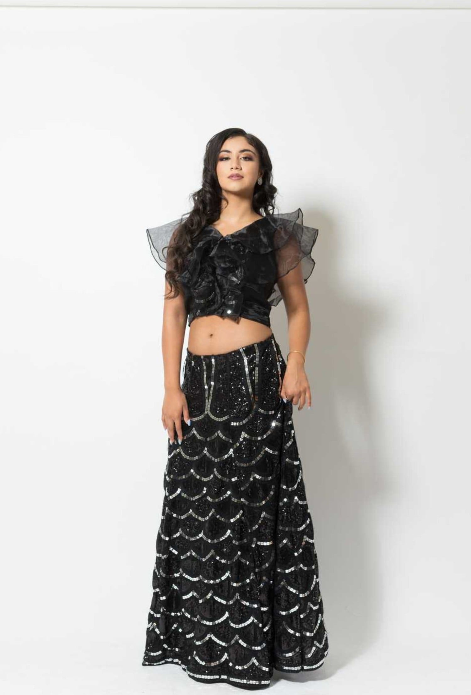 Black Fusion Lehenga with Sequin embroidery and Ruffle blouse - Anvi Couture