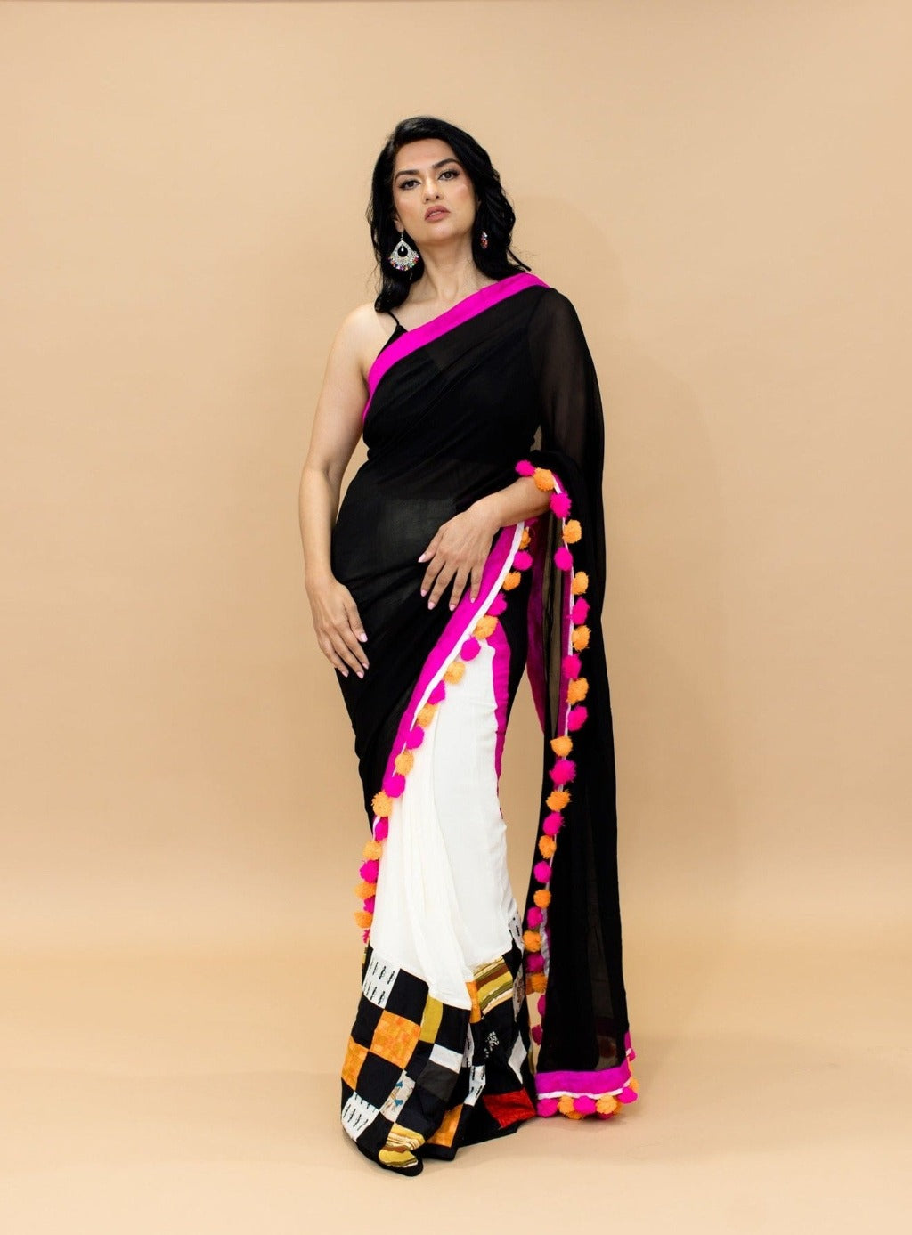 Black and White Pure Georgette Gorgeous Designer Saree with Hand painted work and Tassels on Pallu - Anvi Couture