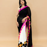 Black and White Pure Georgette Gorgeous Designer Saree with Hand painted work and Tassels on Pallu - Anvi Couture