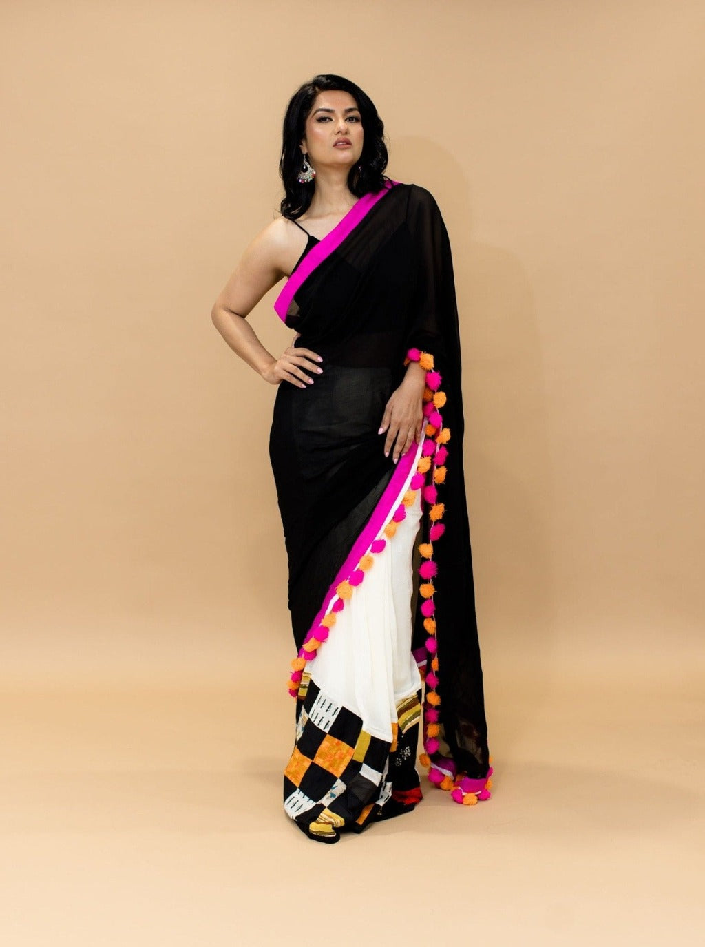 Black and White Pure Georgette Gorgeous Designer Saree with Hand painted work and Tassels on Pallu - Anvi Couture