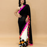 Black and White Pure Georgette Gorgeous Designer Saree with Hand painted work and Tassels on Pallu - Anvi Couture