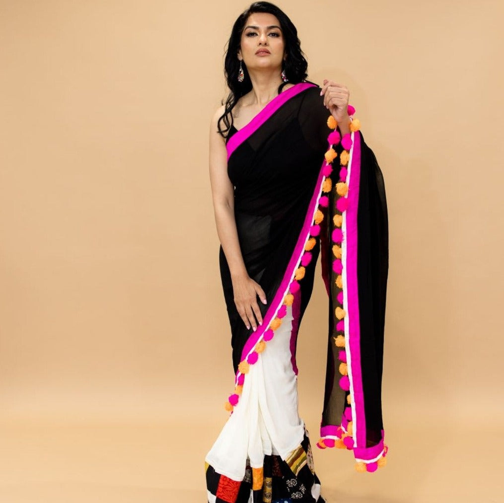 Black and White Pure Georgette Gorgeous Designer Saree with Hand painted work and Tassels on Pallu - Anvi Couture
